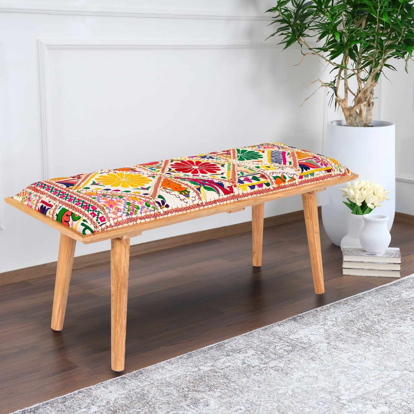 Yook Vibrant Patchwork Wooden Bench-0