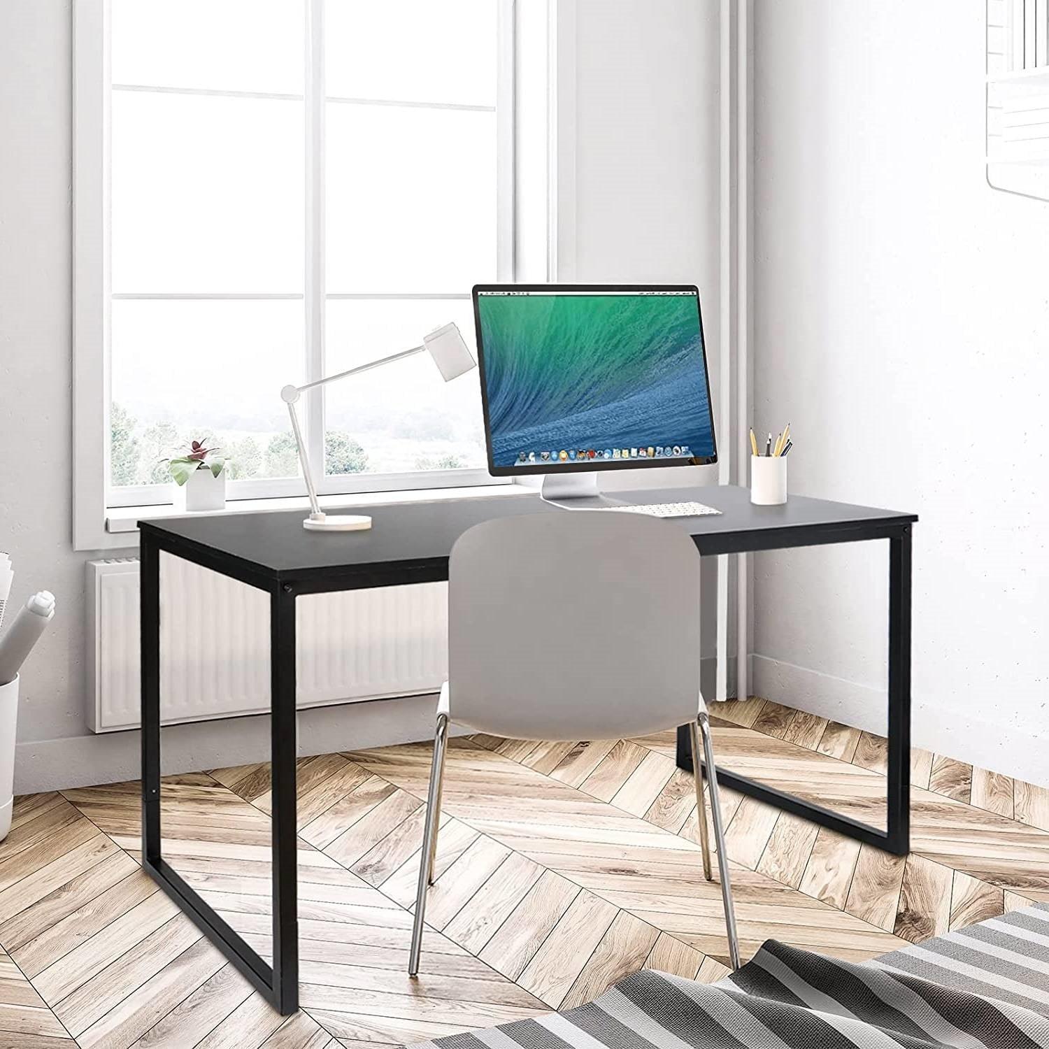 Black Metal Frame Wood Top Modern Home Office Laptop Computer Desk Writing Table - PRHOMZ