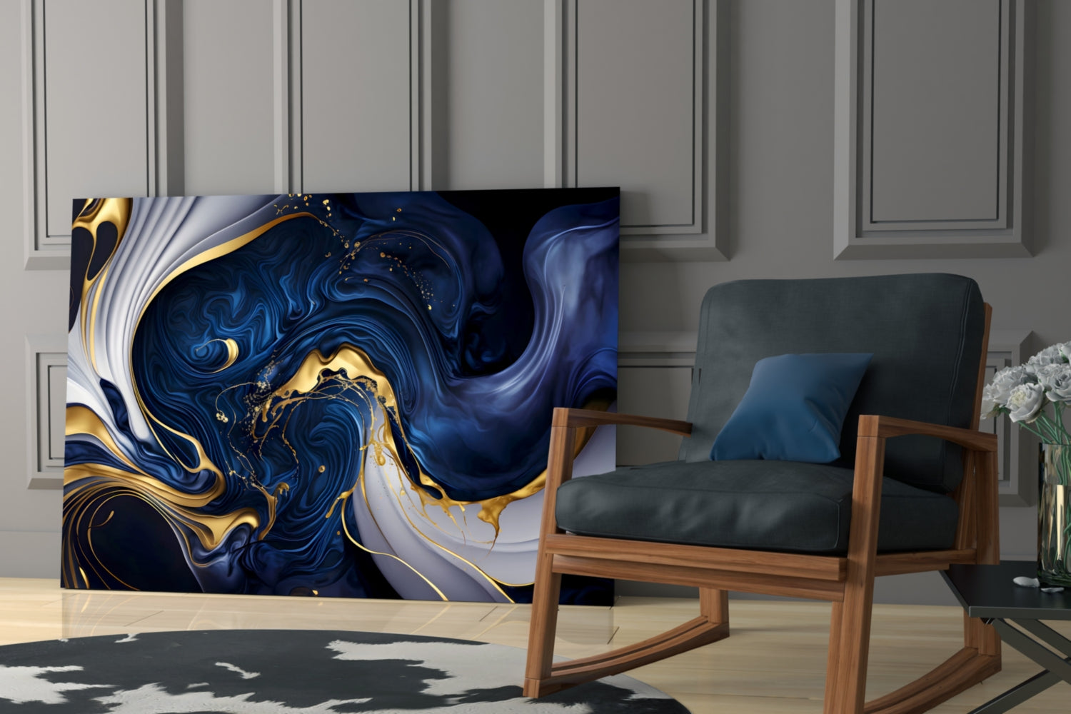 Elegant Gold Swirls on Midnight Blue Glass Wall Art