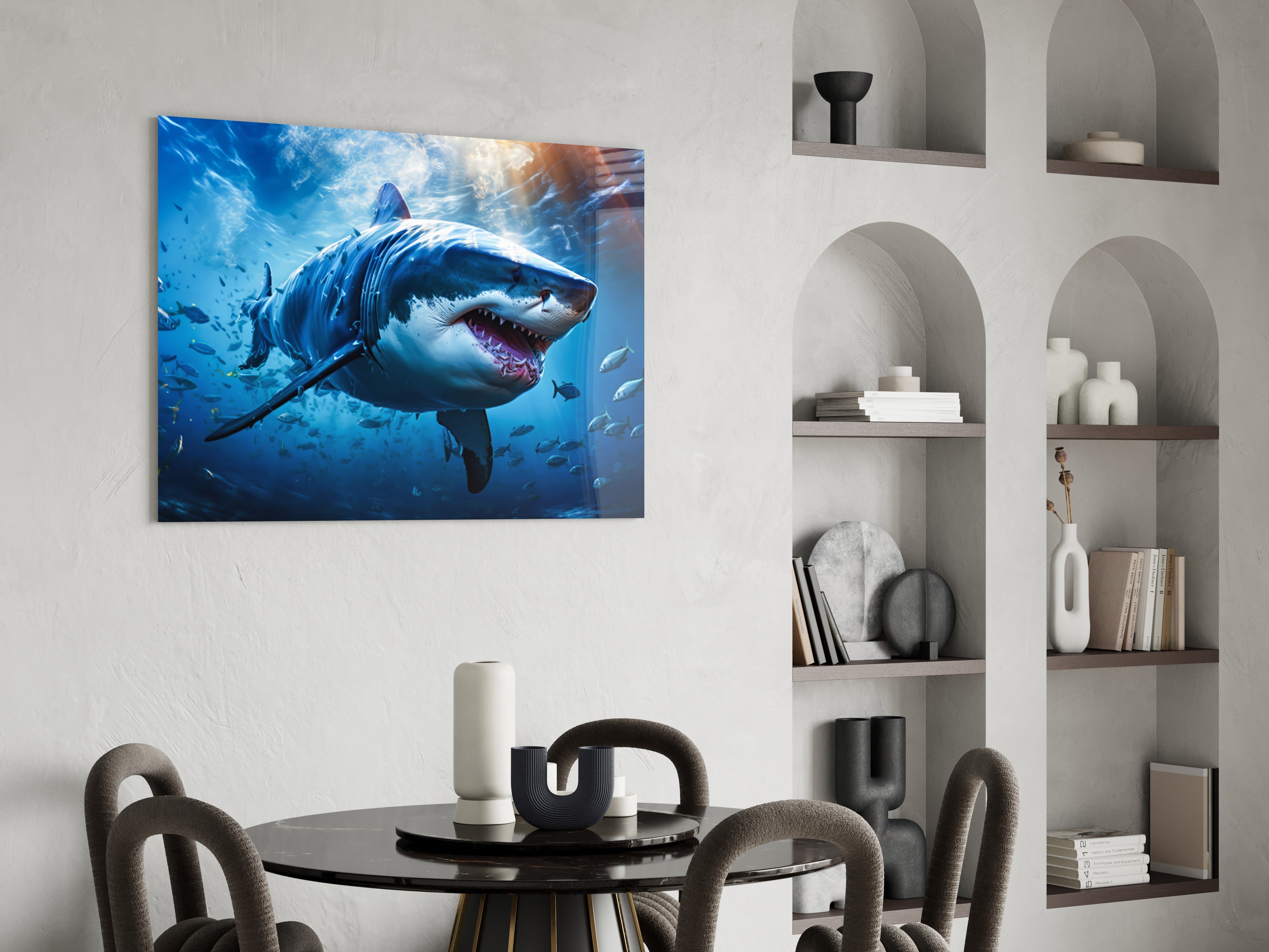 Deep Blue Fish School Shark Glass Wall Art