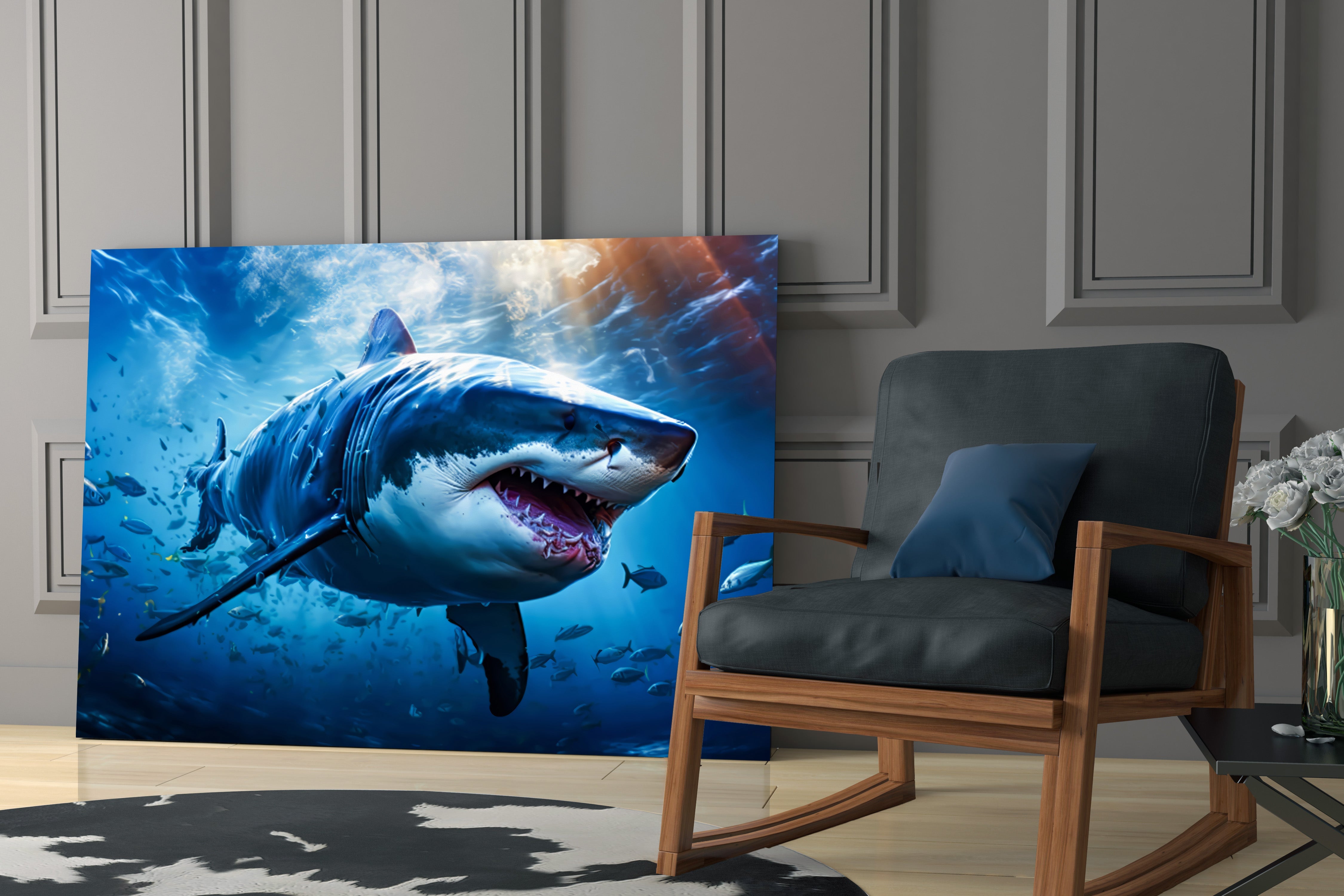 Deep Blue Fish School Shark Glass Wall Art