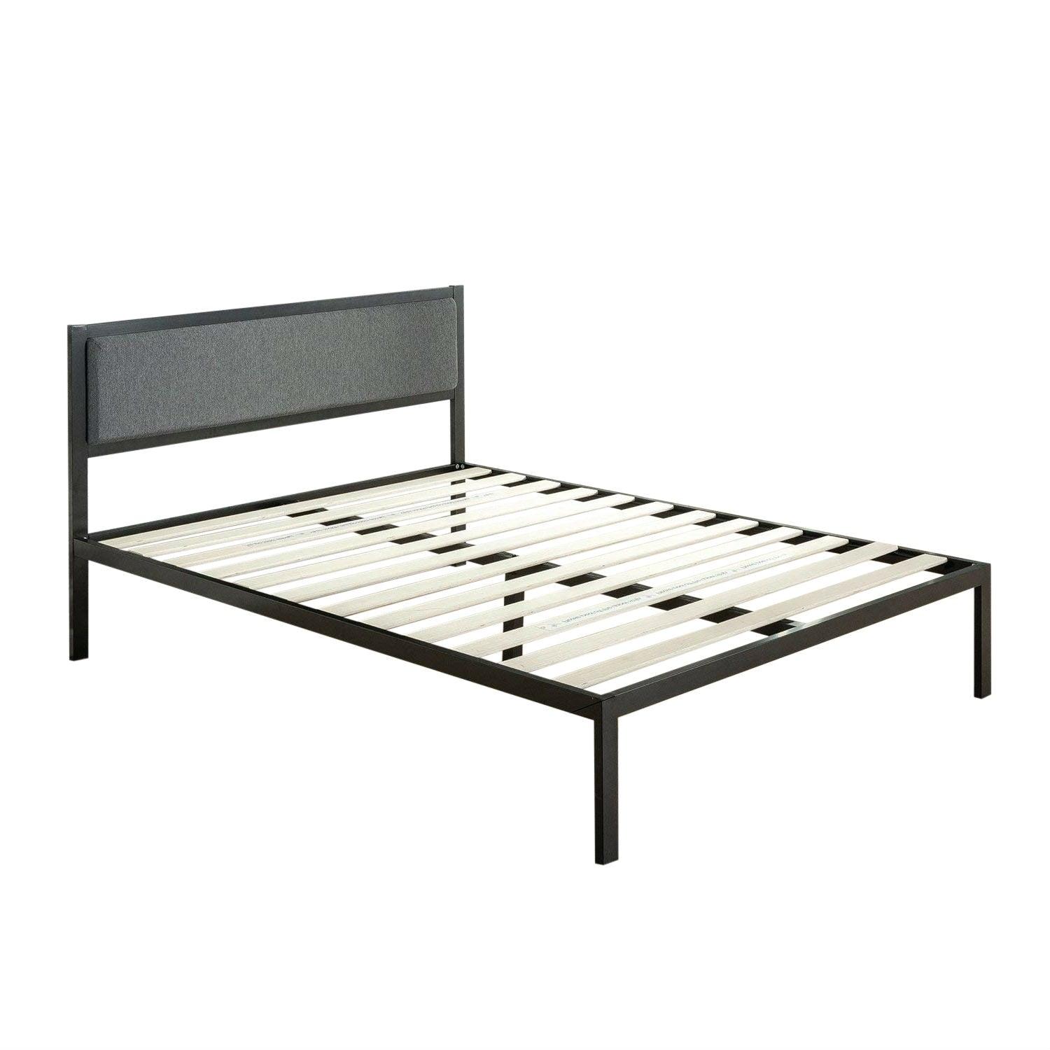 Full size Metal Platform Bed Frame with Wood Slats and Upholstered Headboard - PRHOMZ