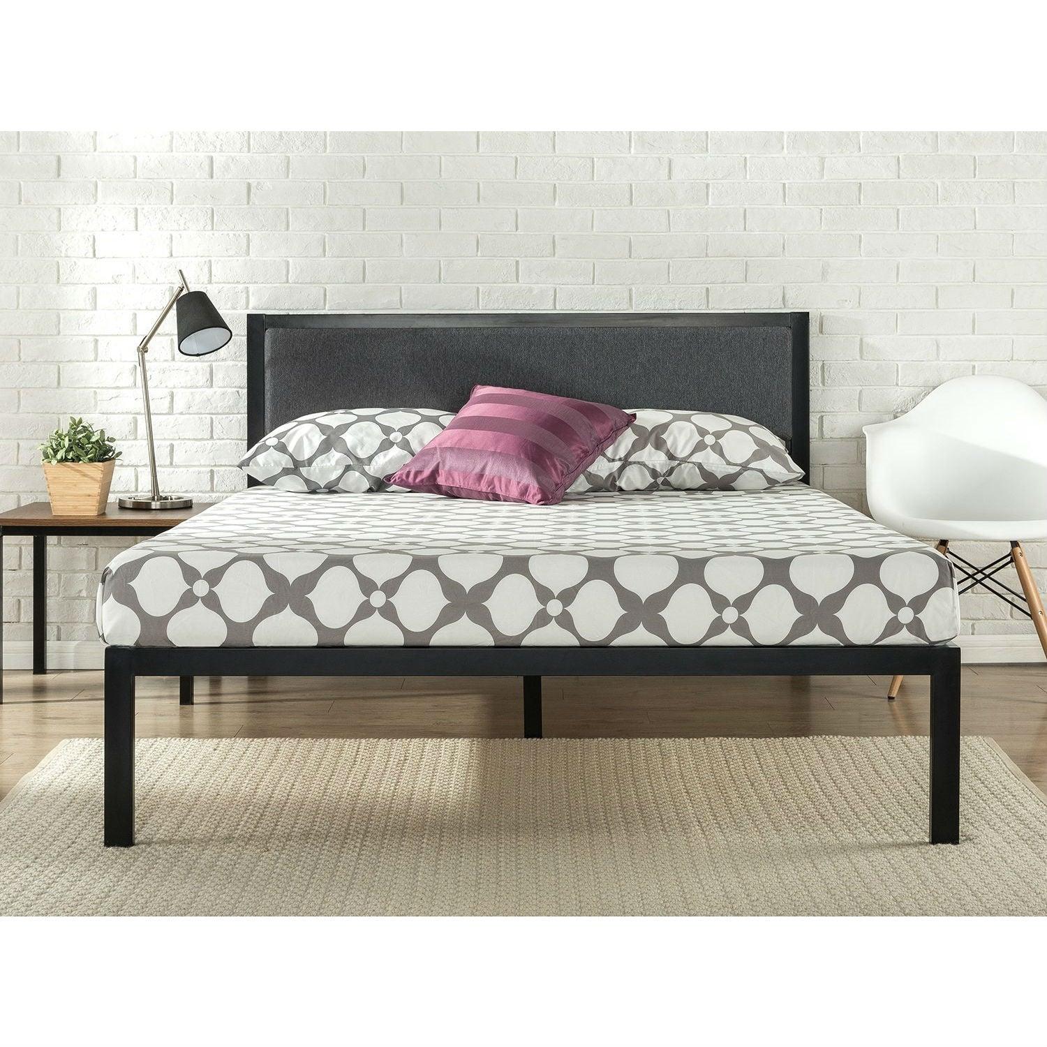 Full size Metal Platform Bed Frame with Wood Slats and Upholstered Headboard - PRHOMZ