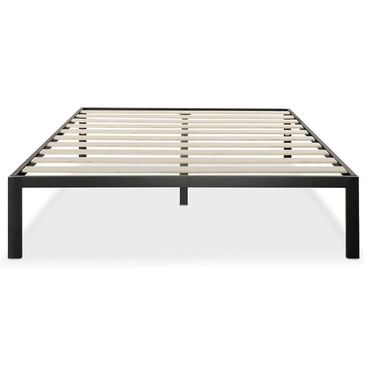 Full Size Modern Black Metal Platform Bed Frame with Wood Slats - PRHOMZ