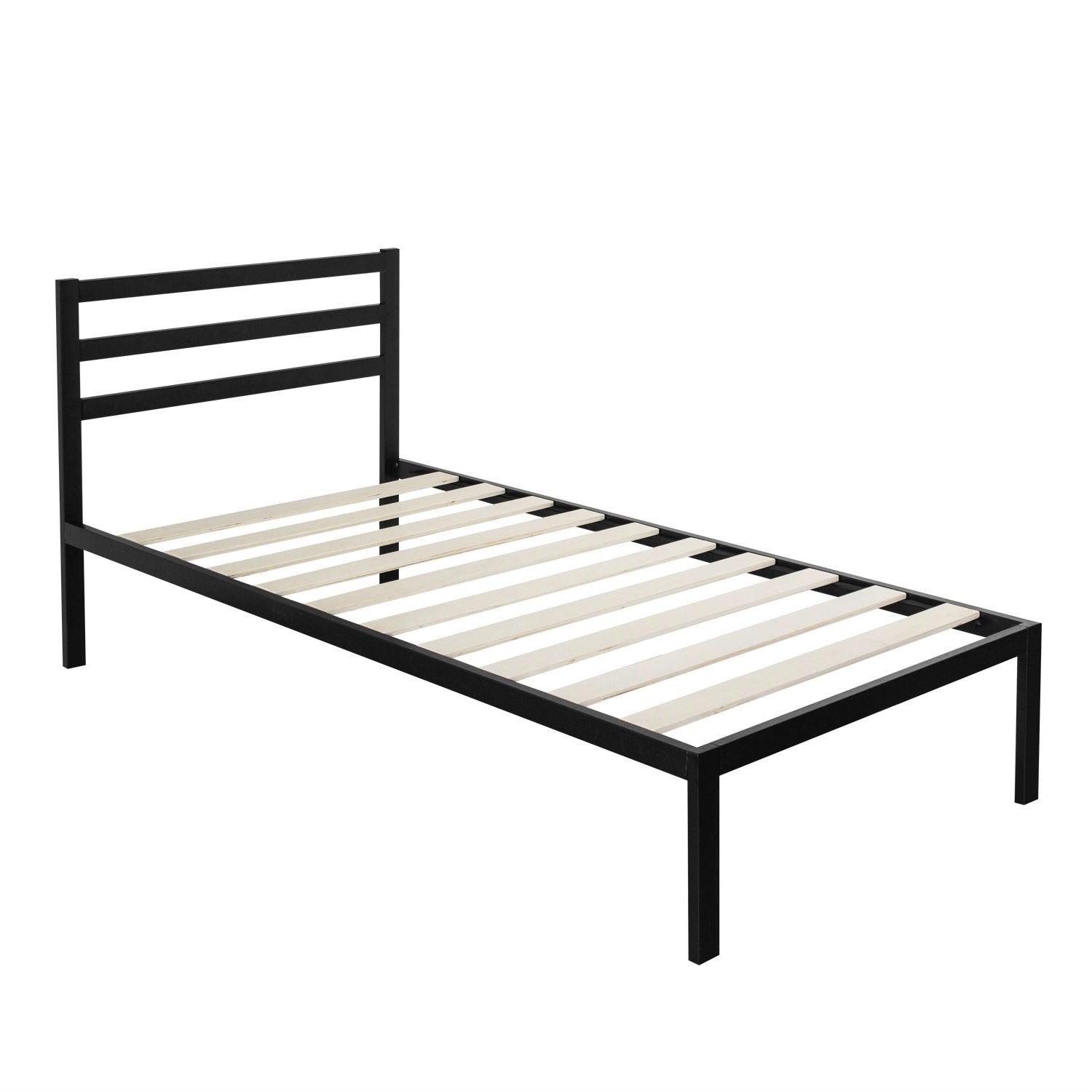 Twin Modern Metal Platform Bed Frame with Headboard and Wood Slats - PRHOMZ