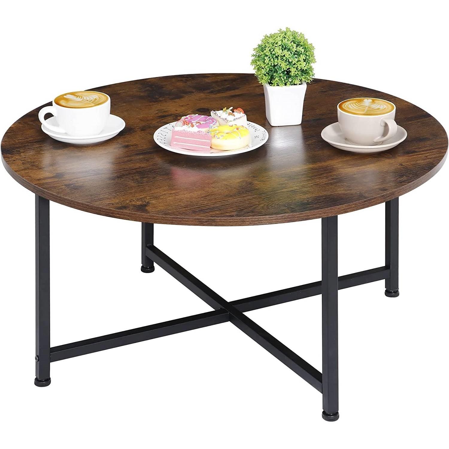 Modern Round Industrial Coffee Table with Rustic Brown Wood Top - PRHOMZ