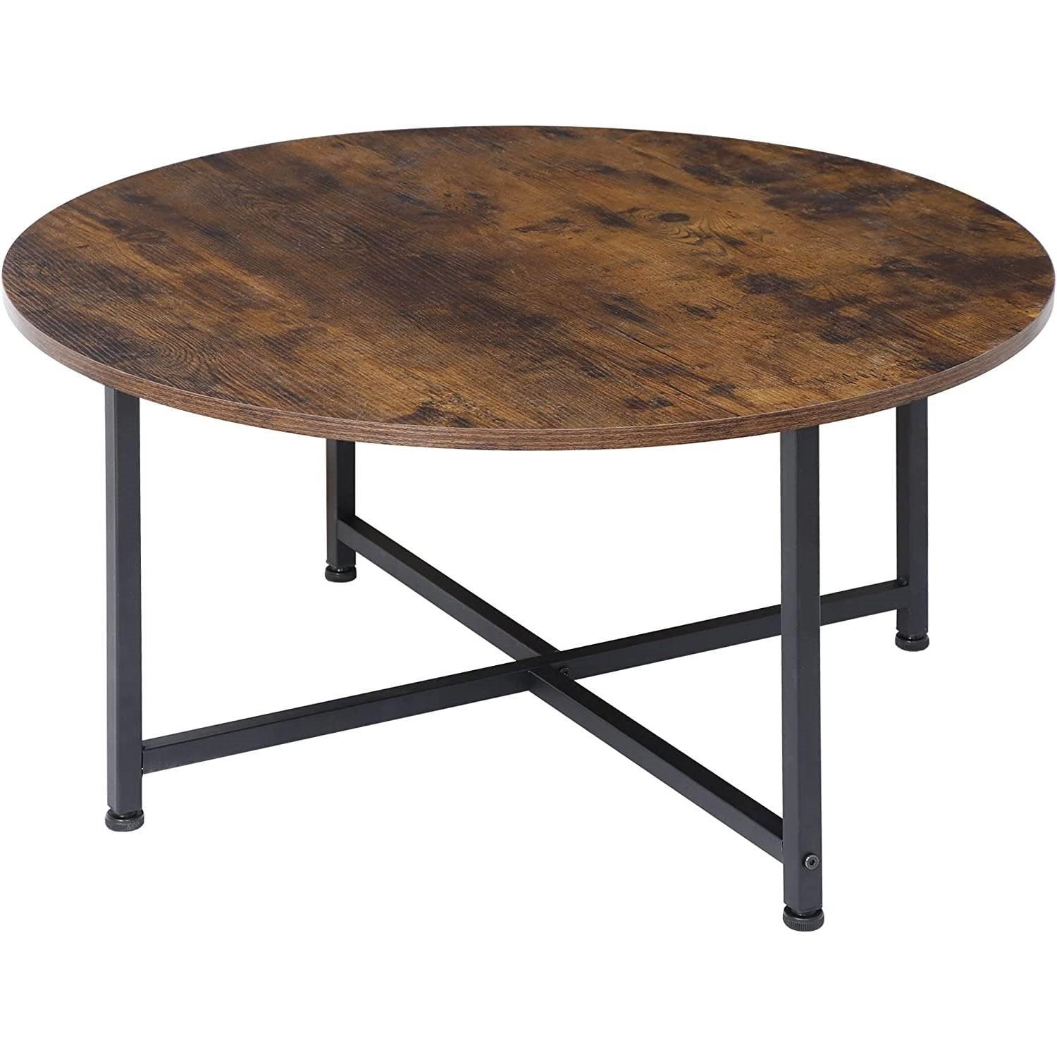 Modern Round Industrial Coffee Table with Rustic Brown Wood Top - PRHOMZ