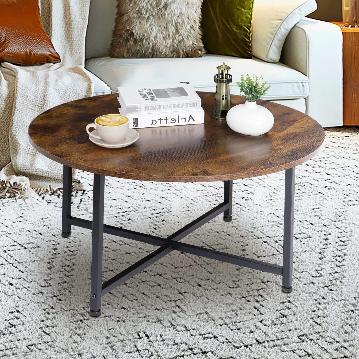 Modern Round Industrial Coffee Table with Rustic Brown Wood Top - PRHOMZ