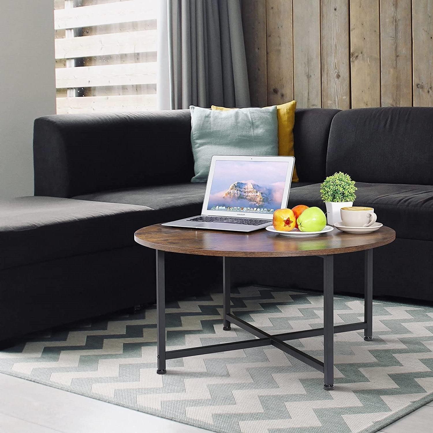 Modern Round Industrial Coffee Table with Rustic Brown Wood Top - PRHOMZ