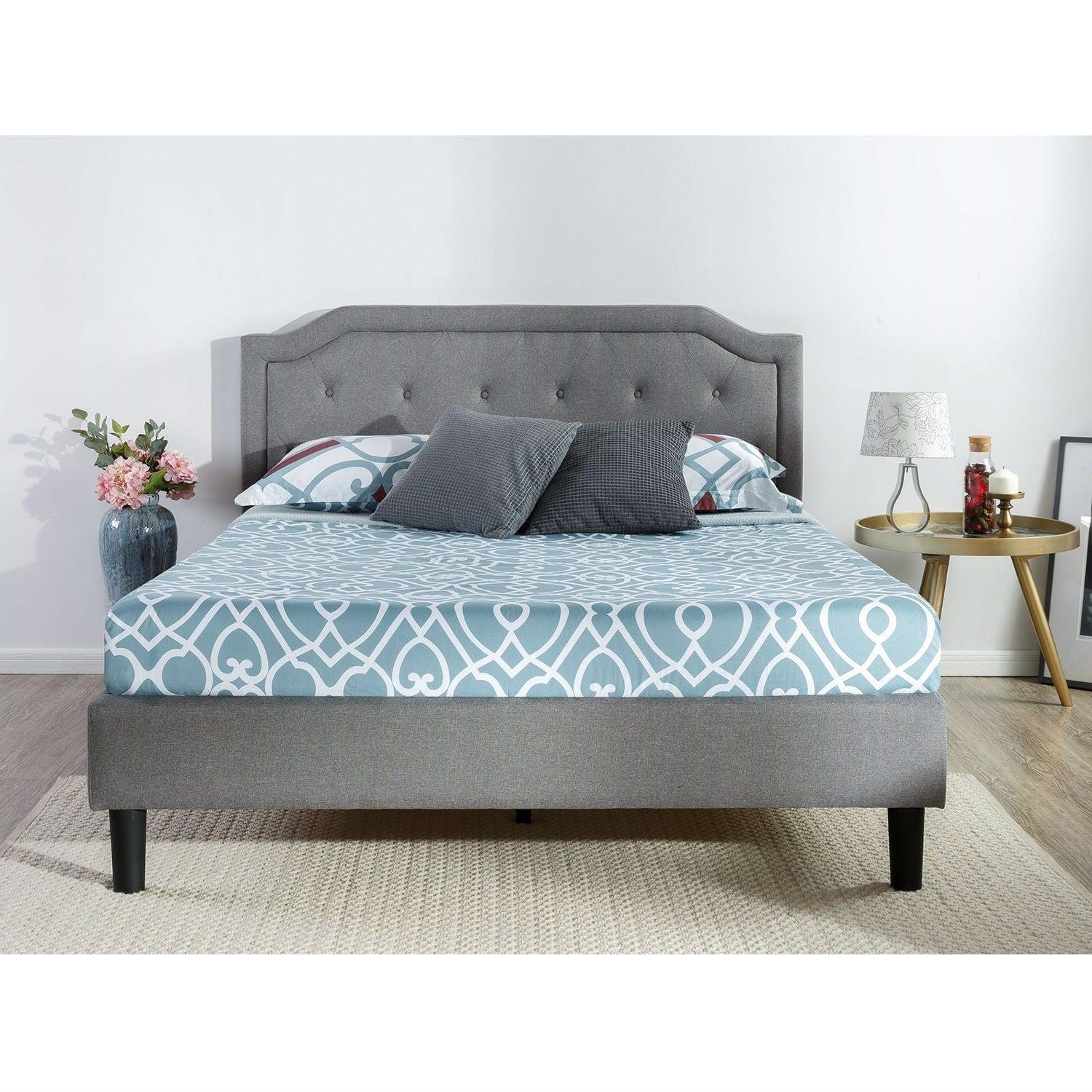 King size Grey Upholstered Platform Bed with Classic Button Tufted Headboard - PRHOMZ