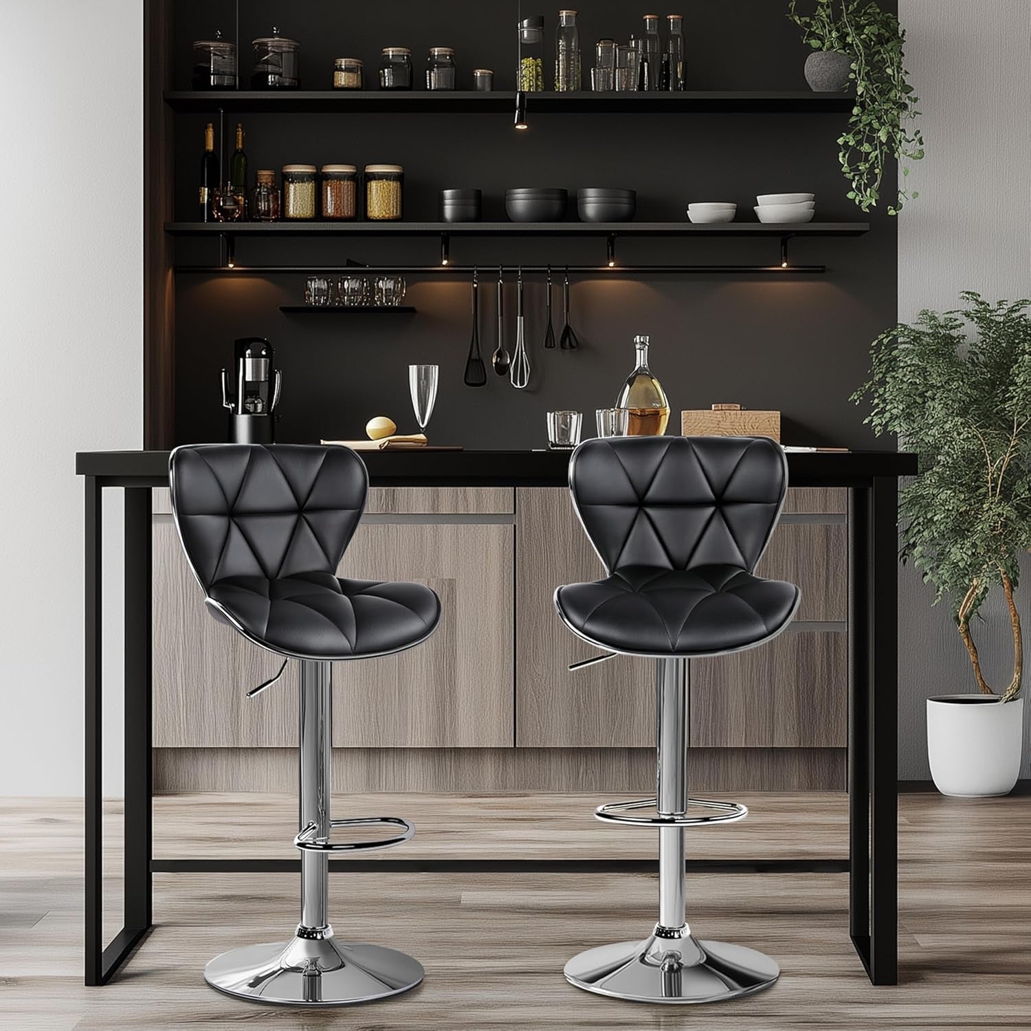 Adjustable Bar Stools Set Of 2 In Black PU Leather