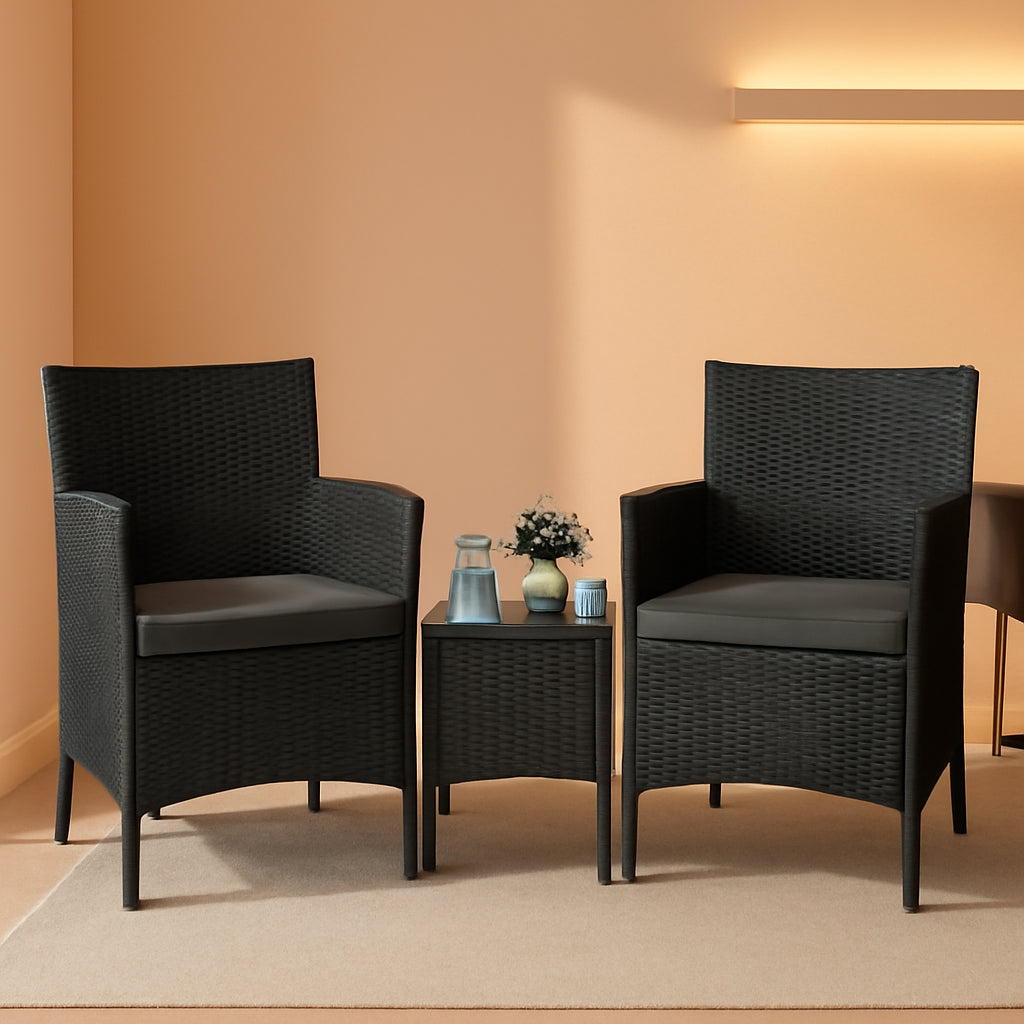 3 Piece Outdoor PE Rattan Wicker Patio Furniture Set With Soft Cushions And Glass Coffee Table