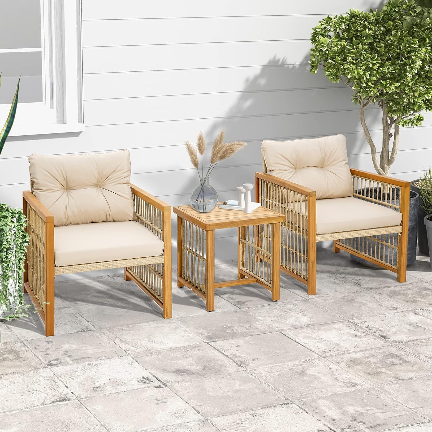 3 Piece Acacia Wood Patio Furniture Set With Beige PE Wicker Cushioned Chairs And Coffee Table