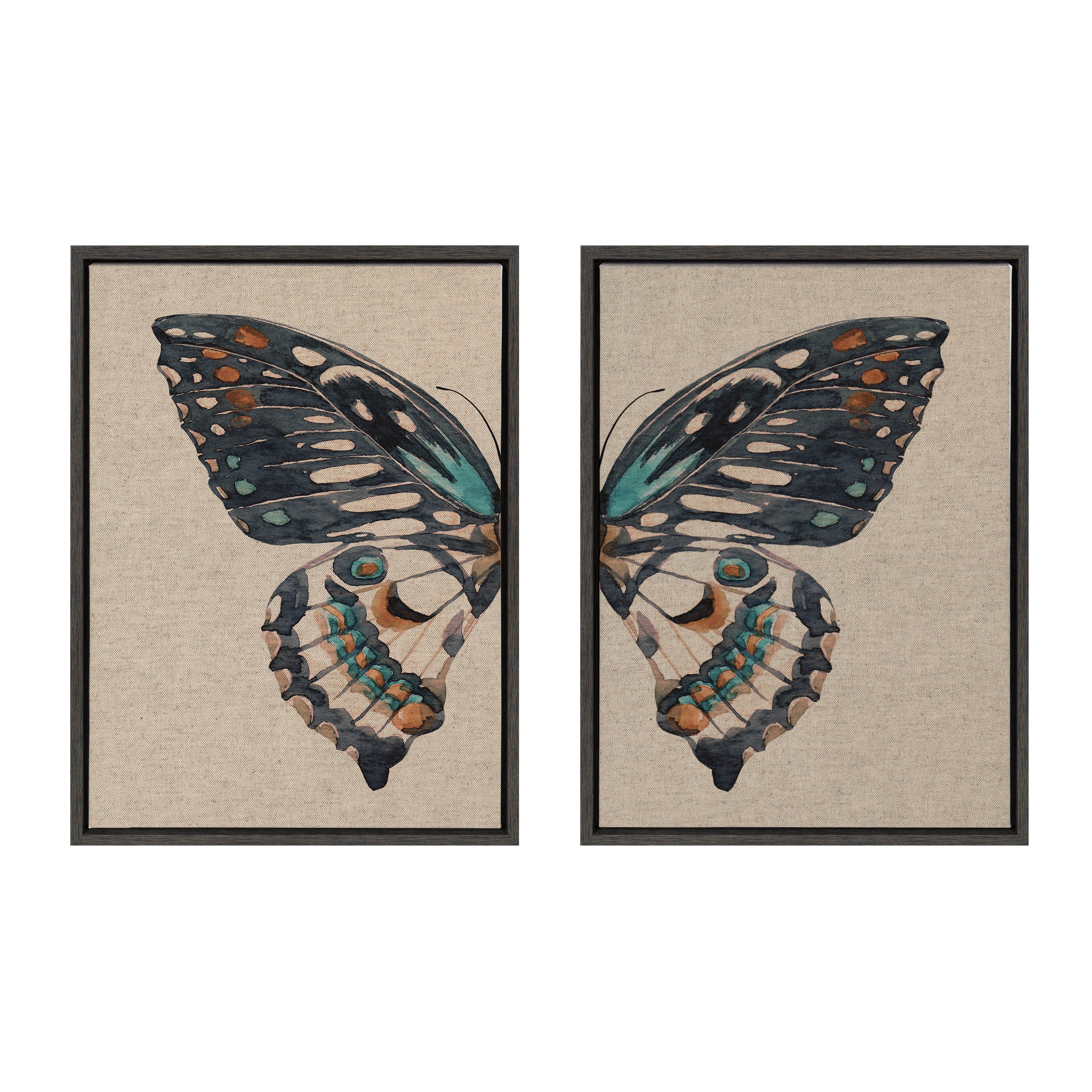Sylvie Boho Butterfly Watercolor Diptych Neutral Linen Framed Canvas Art Set by The Creative Bunch Studio