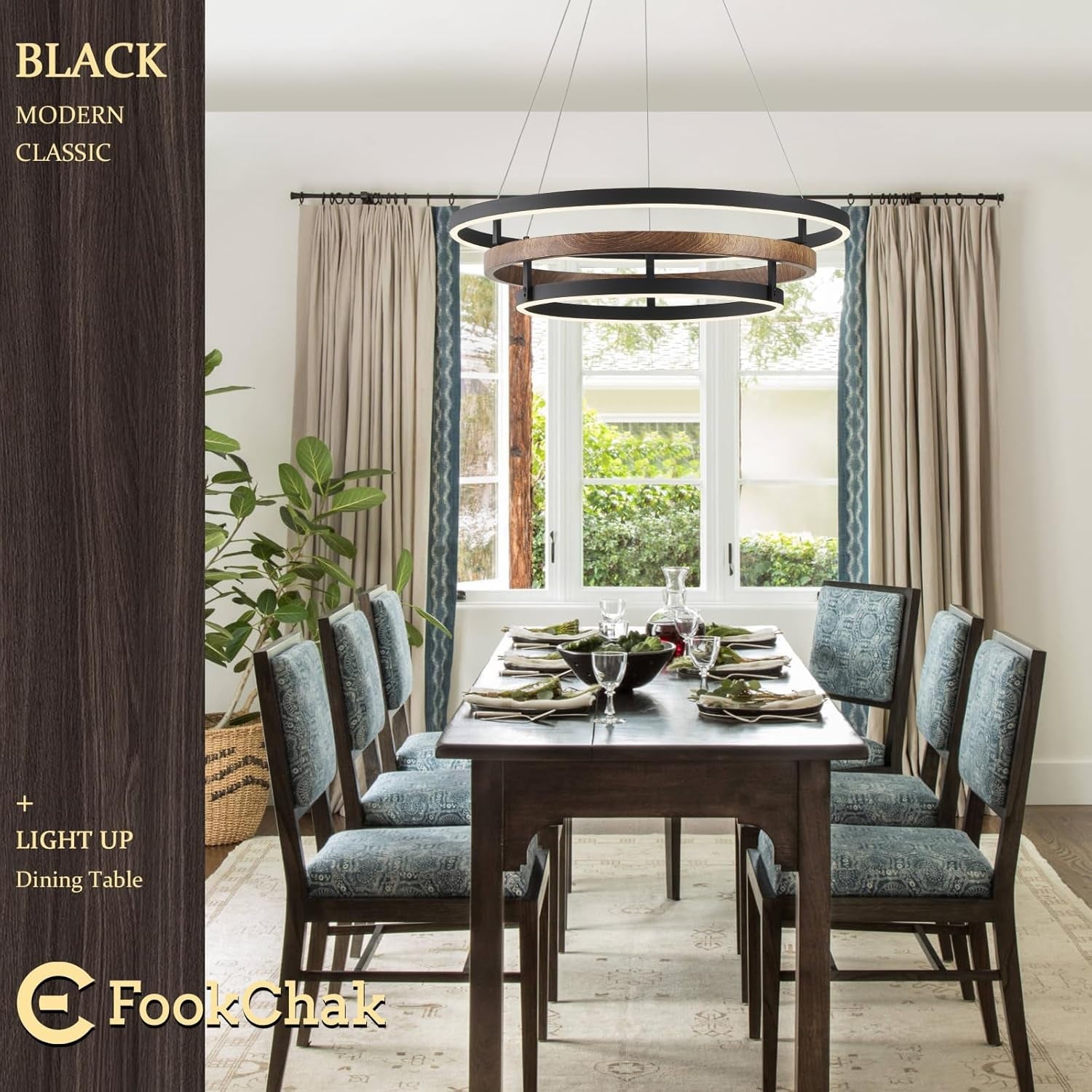 Ultra LED Chandelier Black Wood Three Ring Dimmable-1