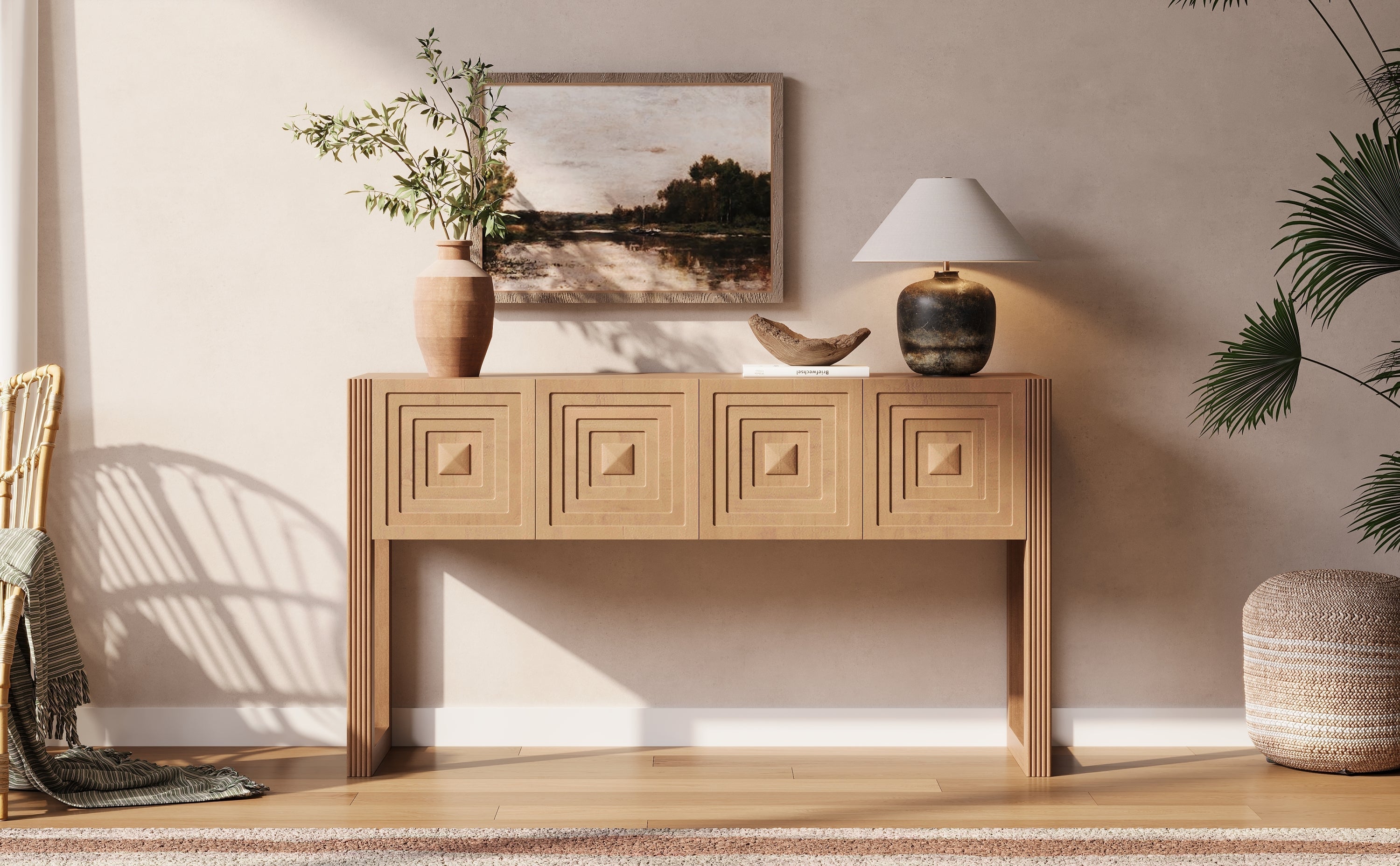 Geometric Carved Console Table with Soft-Close Drawers