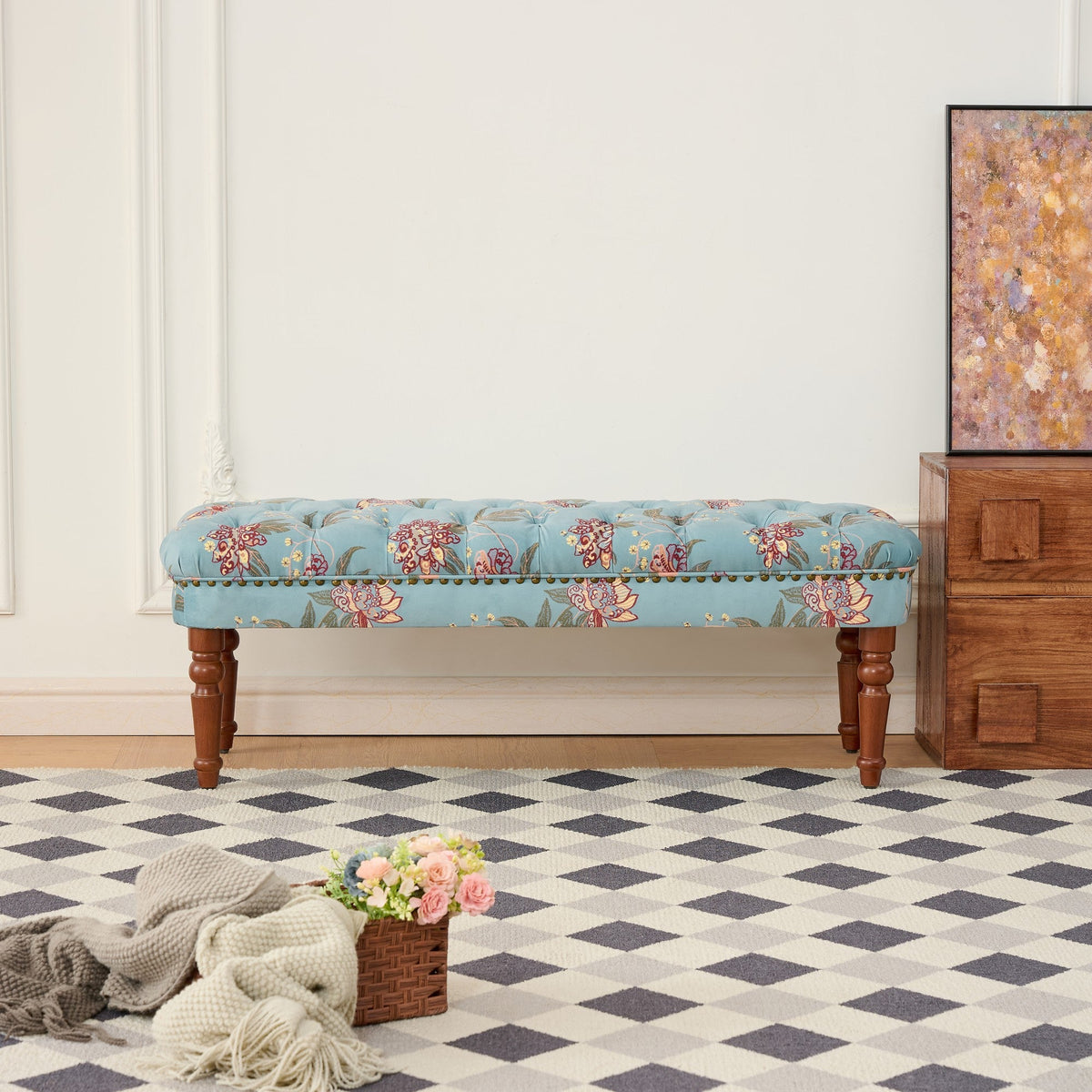 European Style Tufted Floral Bench with Turned Wood Legs