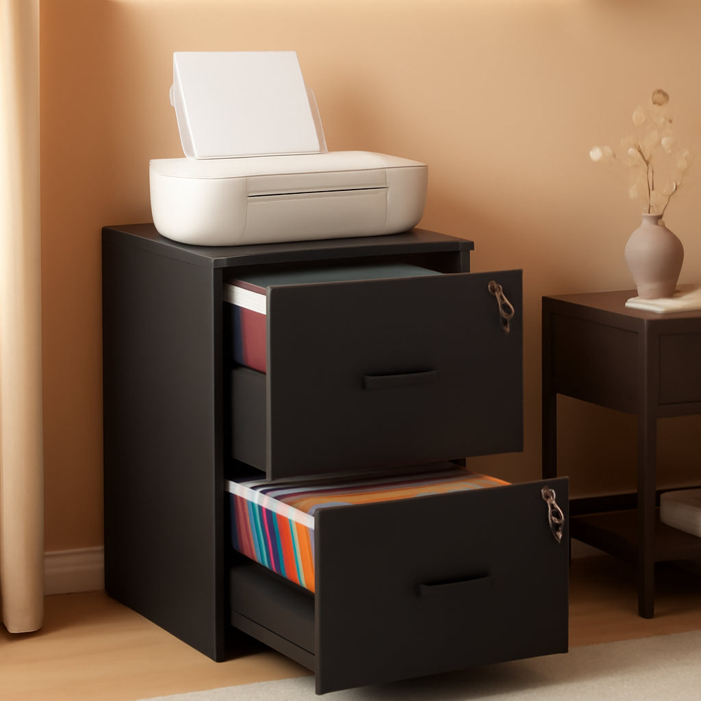2 Drawer File Cabinet with Lock and Printer Stand, Fits A4 and Letter Size Files, Ink Black, Office Organizer, 15.7D x 16.1W x 27.9H Inches