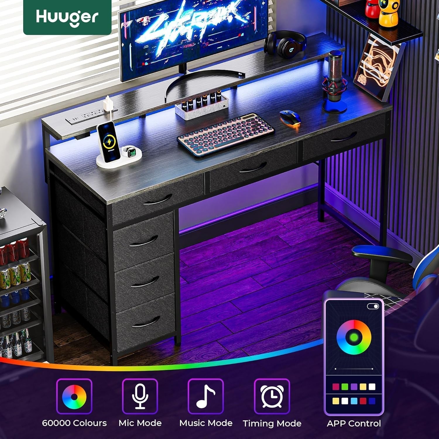 47 Inch Grey Gaming Desk With LED Lights And Drawers