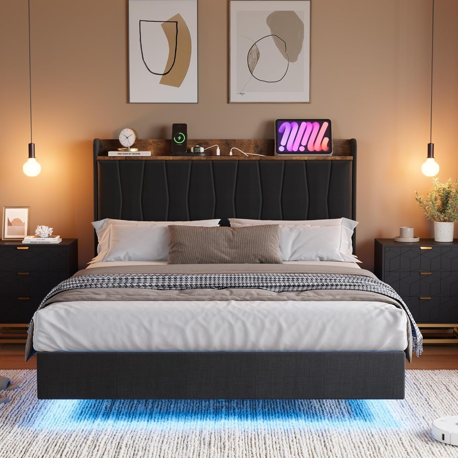 Black Floating Full Bed Frame With Storage Headboard