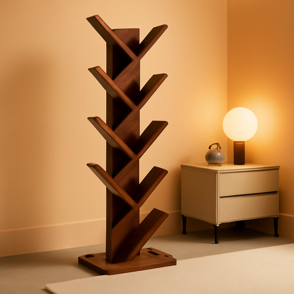 10 Tier Tree Bookshelf Brown Wood Floor Standing Bookcase For Living Room Decor Storage