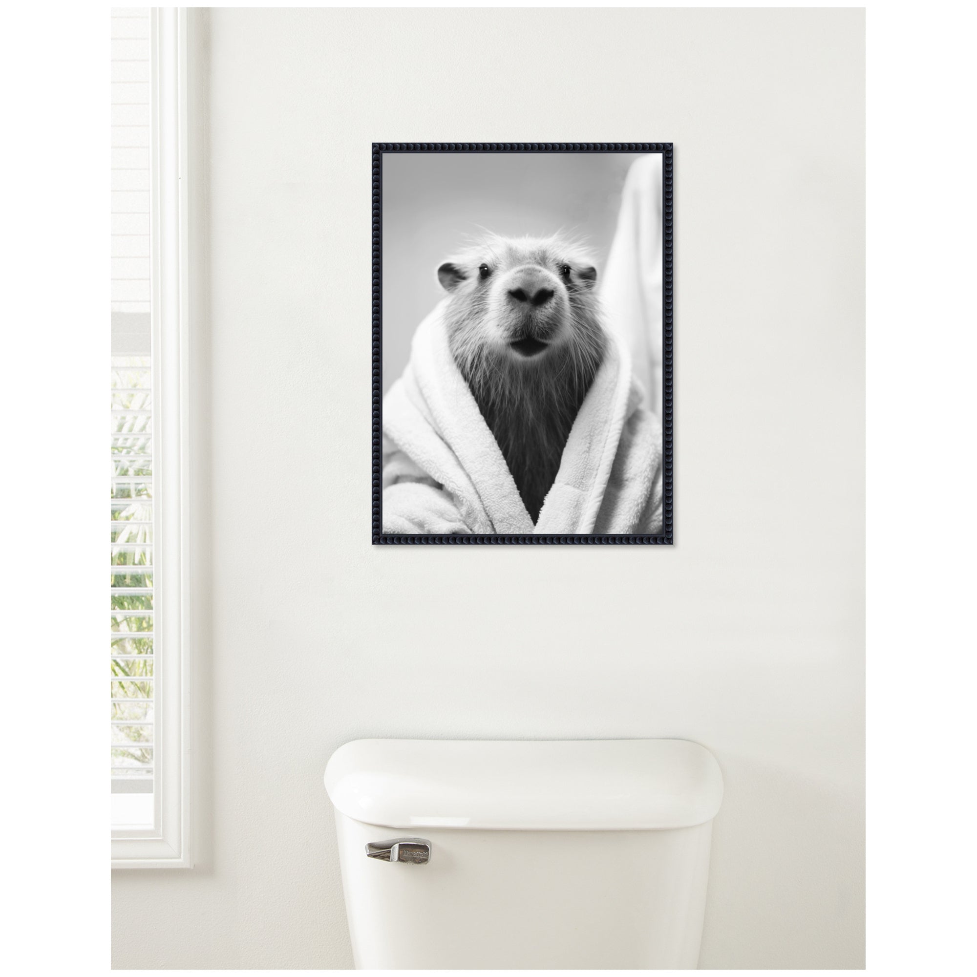 Sylvie Capybara Bathroom Art Towel Robe Black and White Framed Canvas by The Creative Bunch Studio