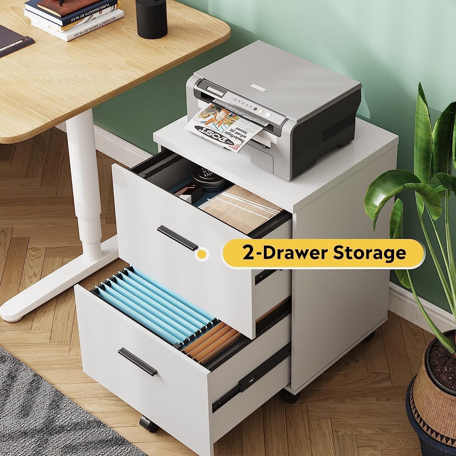 Mobile White Wood Lateral File Cabinet With 2 Drawers