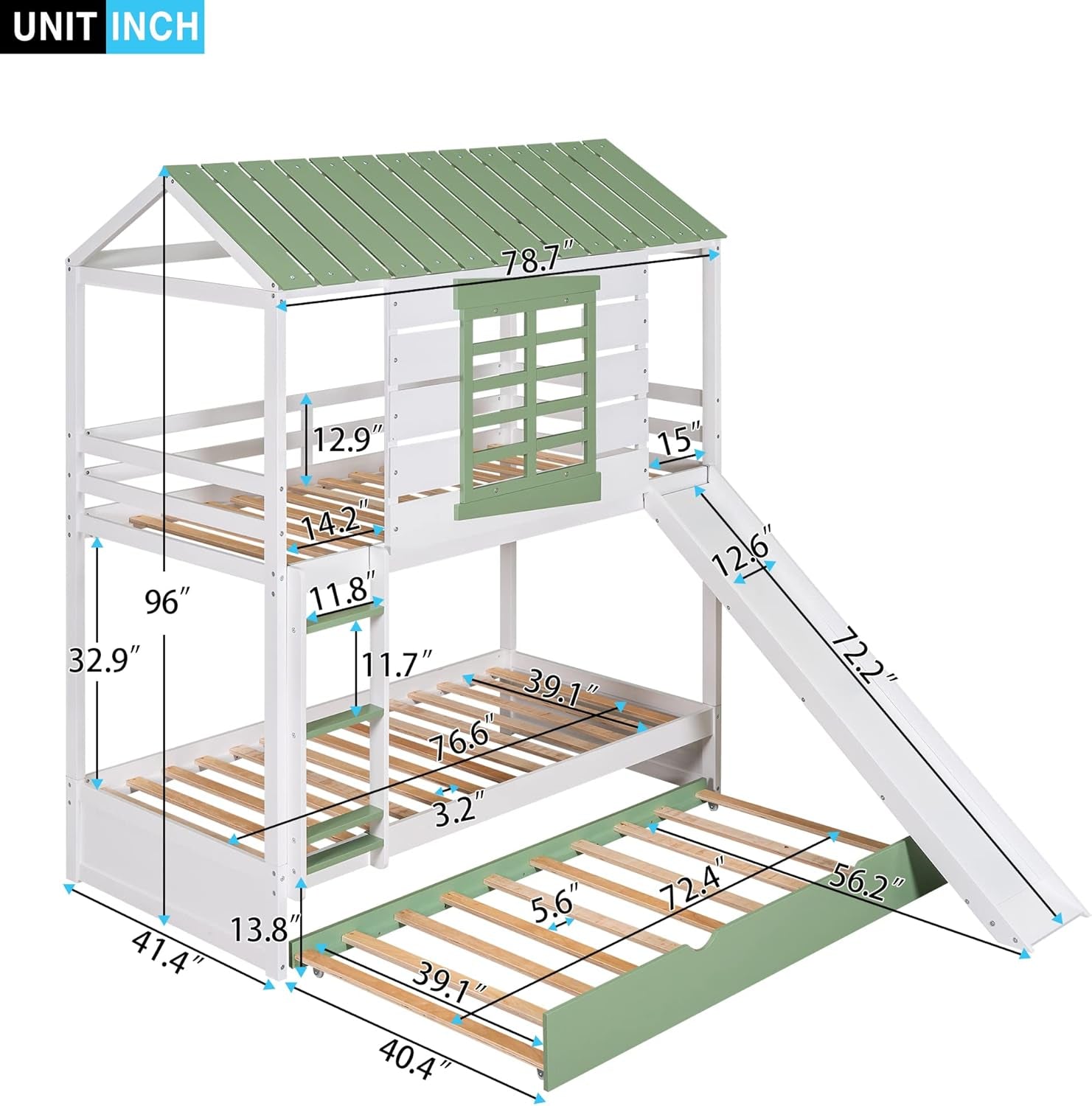 Bunk Bed Twin Over Twin With Slide And Trundle White Green