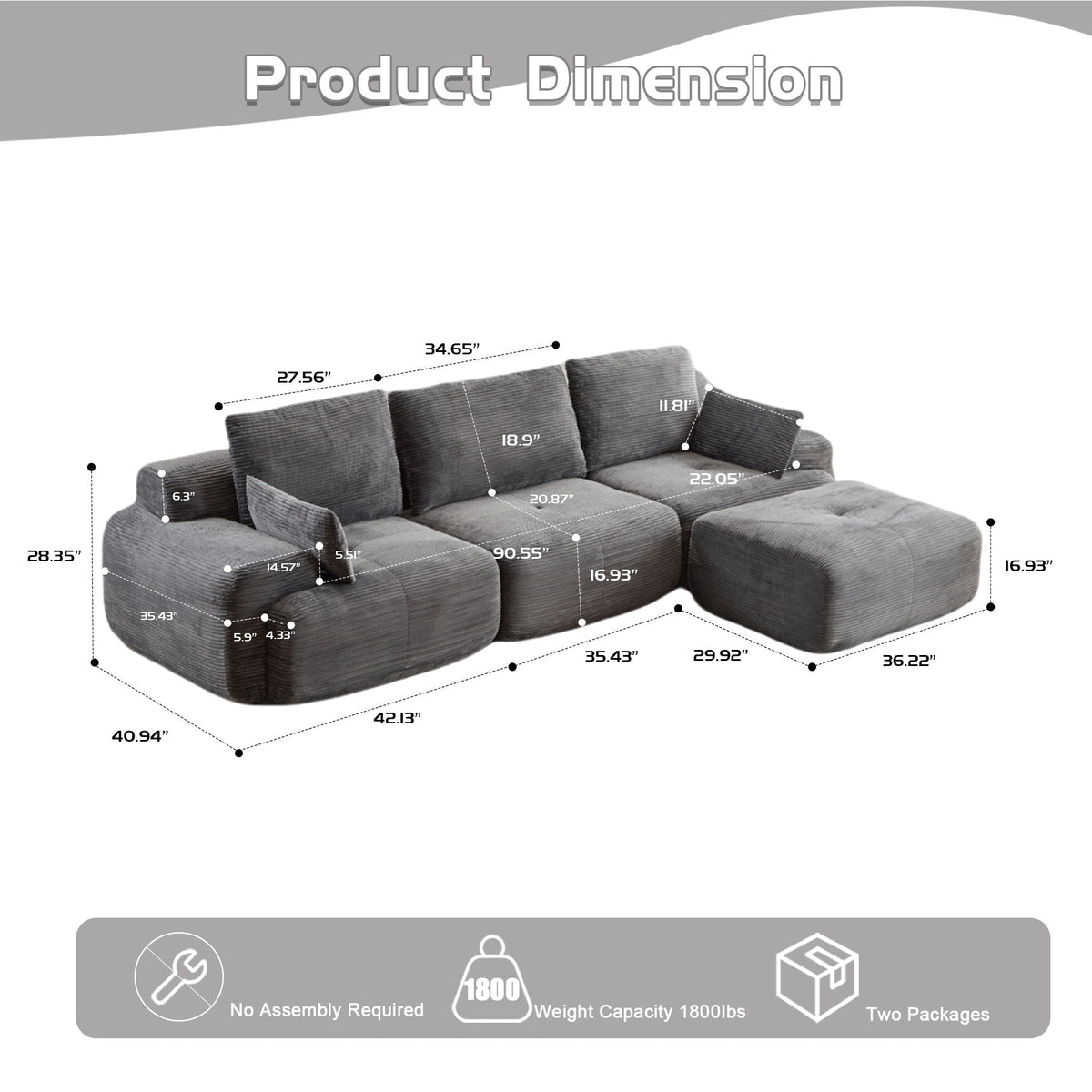 Large Fabric Sectional Sofa with Memory Foam Padding - Multiple Colors