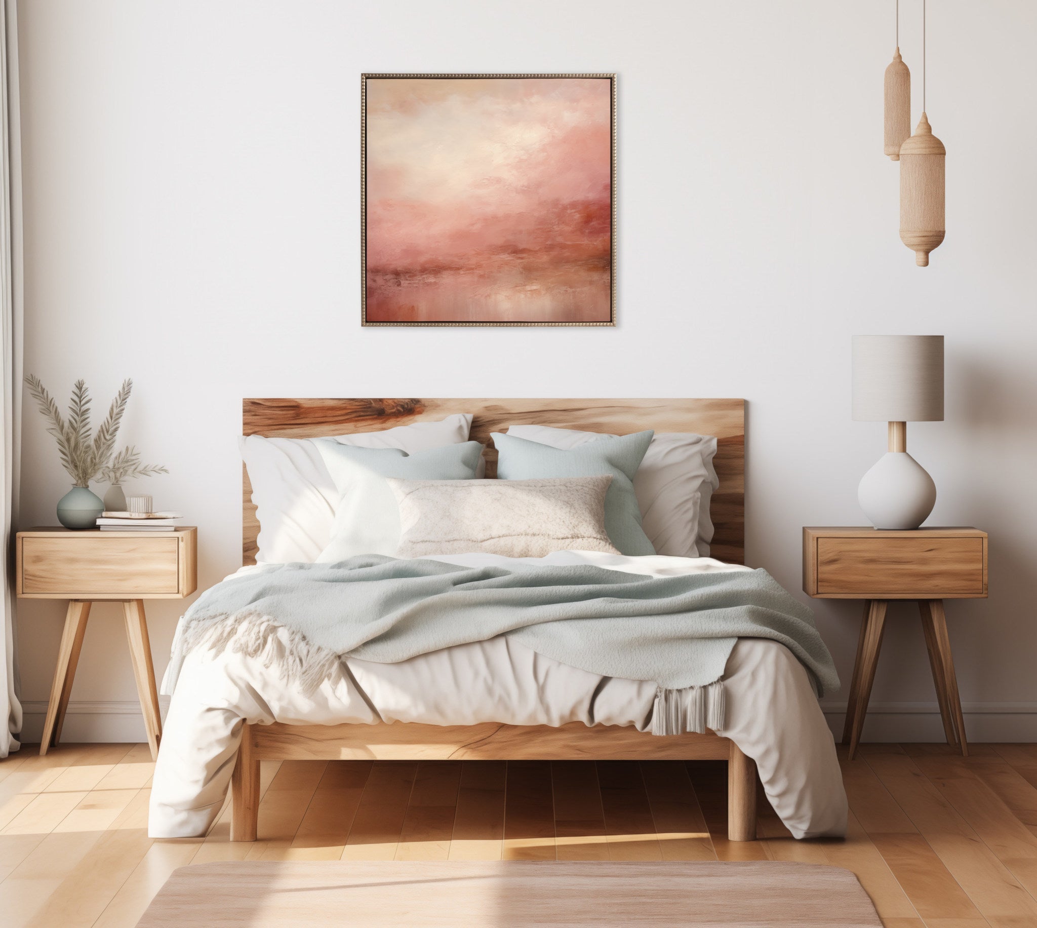 Sylvie Beaded Tonal Abstract Pink Beach Framed Canvas by The Creative Bunch Studio