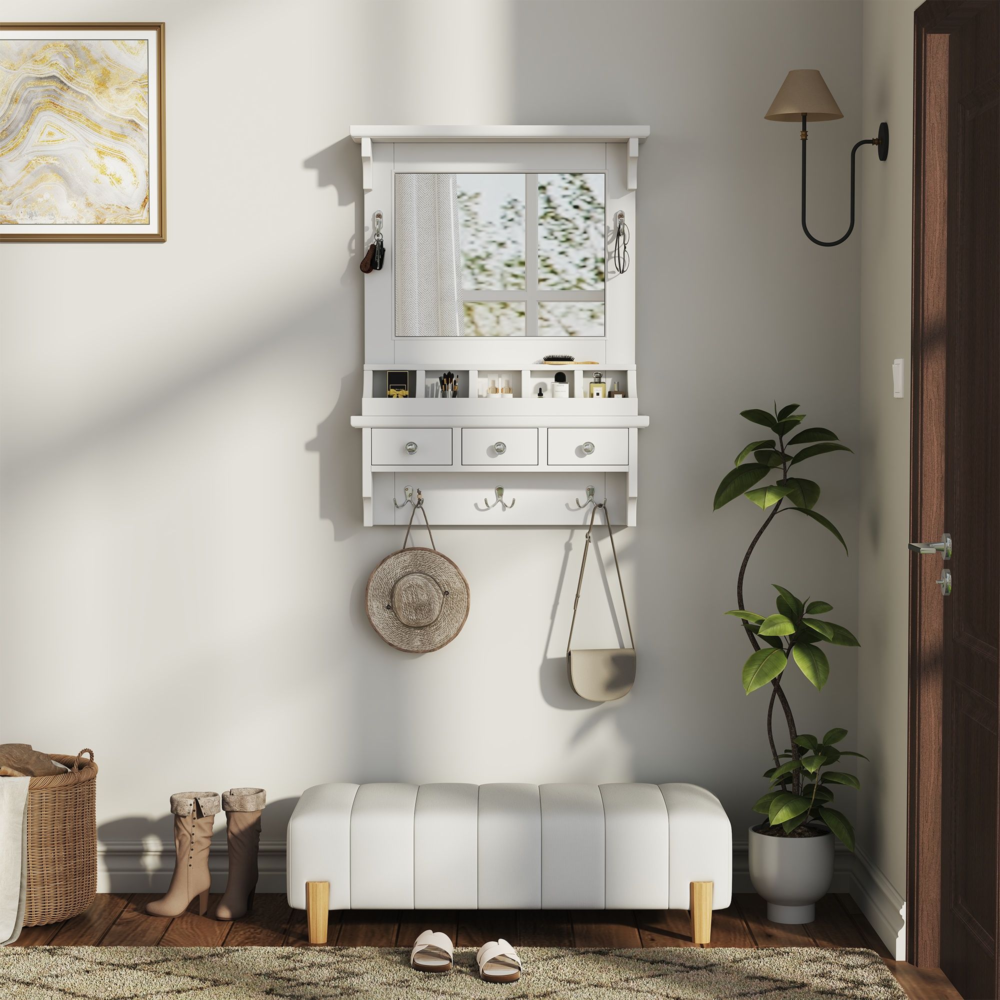 Floating Makeup Vanity With Big Mirror, Wall Mounted Storage Vanity With Drawers, Pockets & Hooks, Space Saving Decorative Home Organizer - White