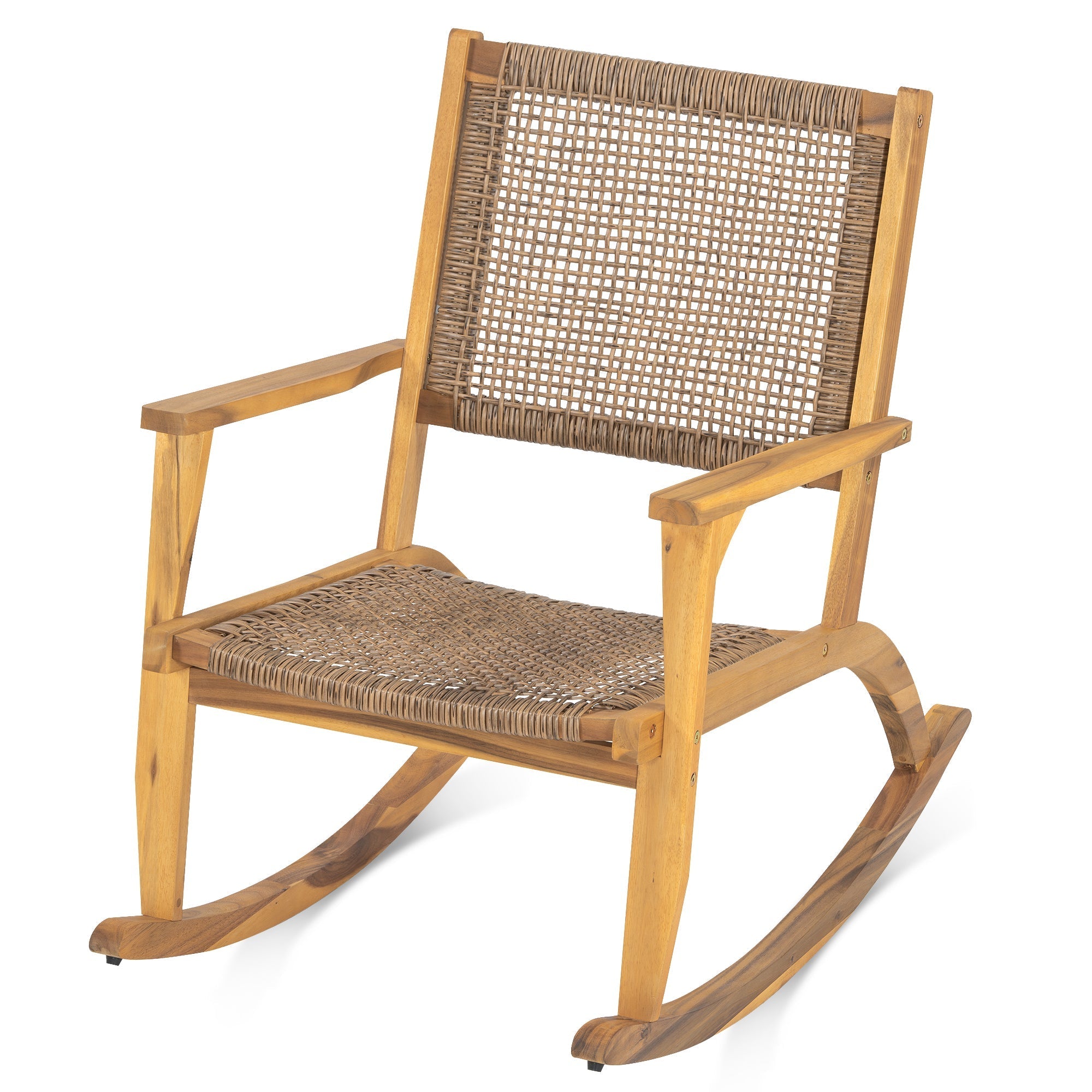 GO 2 Pieces Patio Rocking Chair Set, Natural Acacia Wood and Wicker