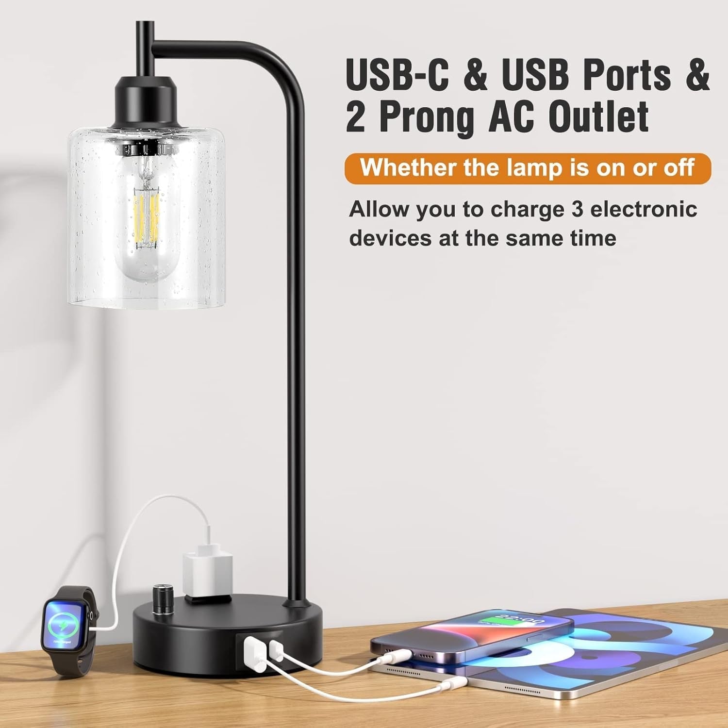 Industrial Table Lamps 2 Pack Black Dimmable USB Ports