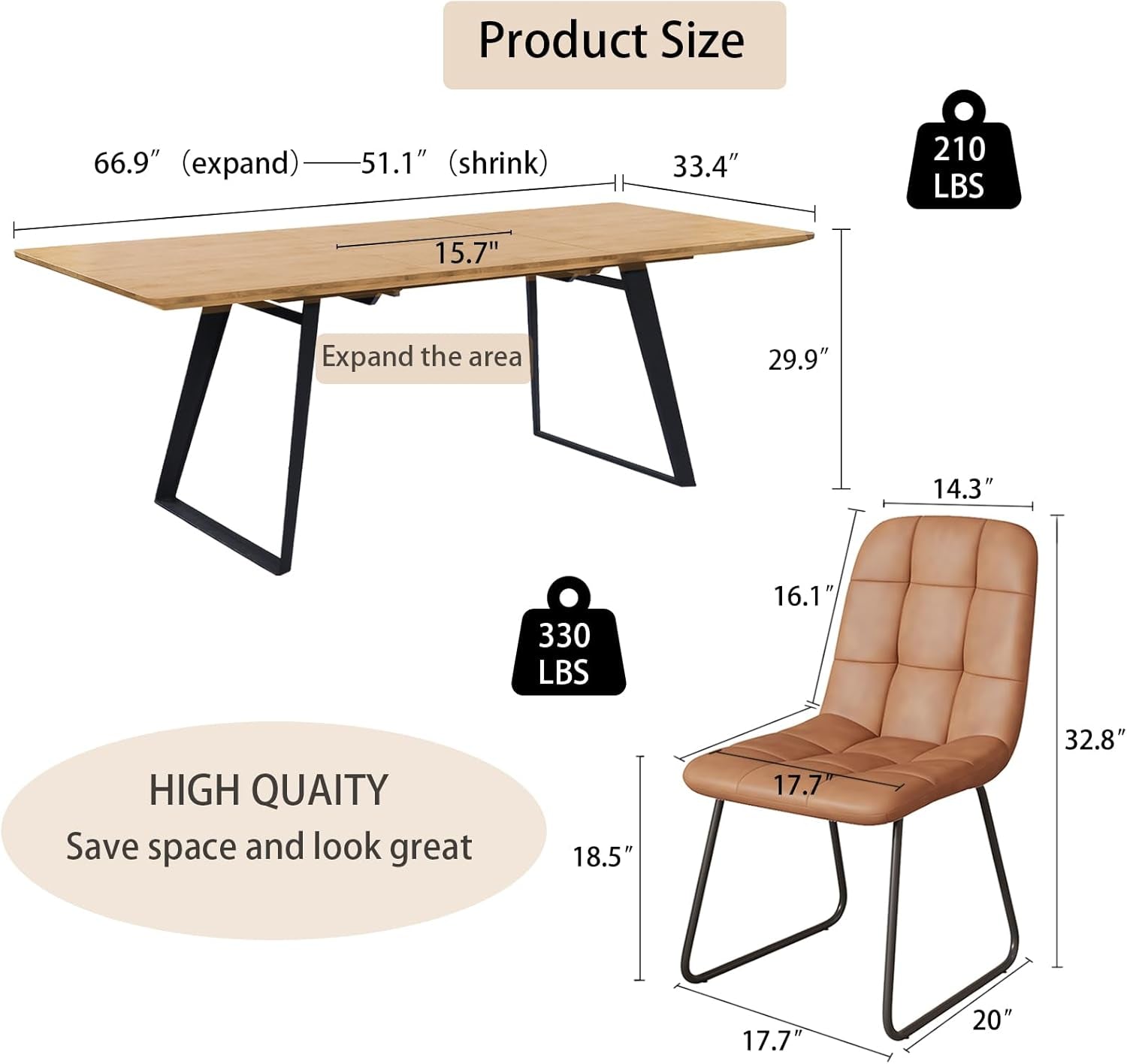 Expandable Oak Wood Dining Table Set For 6 To 8 Seats 51 To 67 Inches