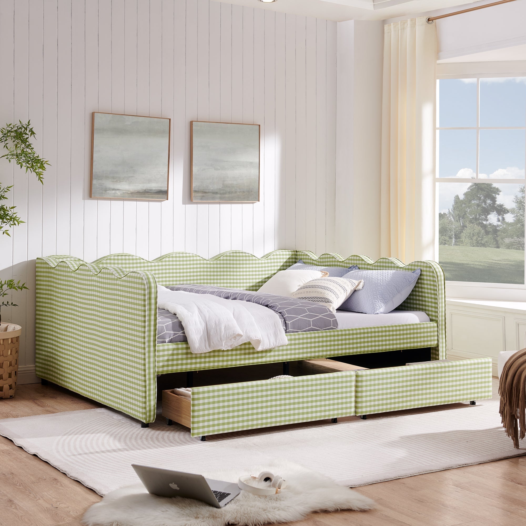 Queen Size Cozy Gingham Daybed with Two Storage Drawers and USB Port