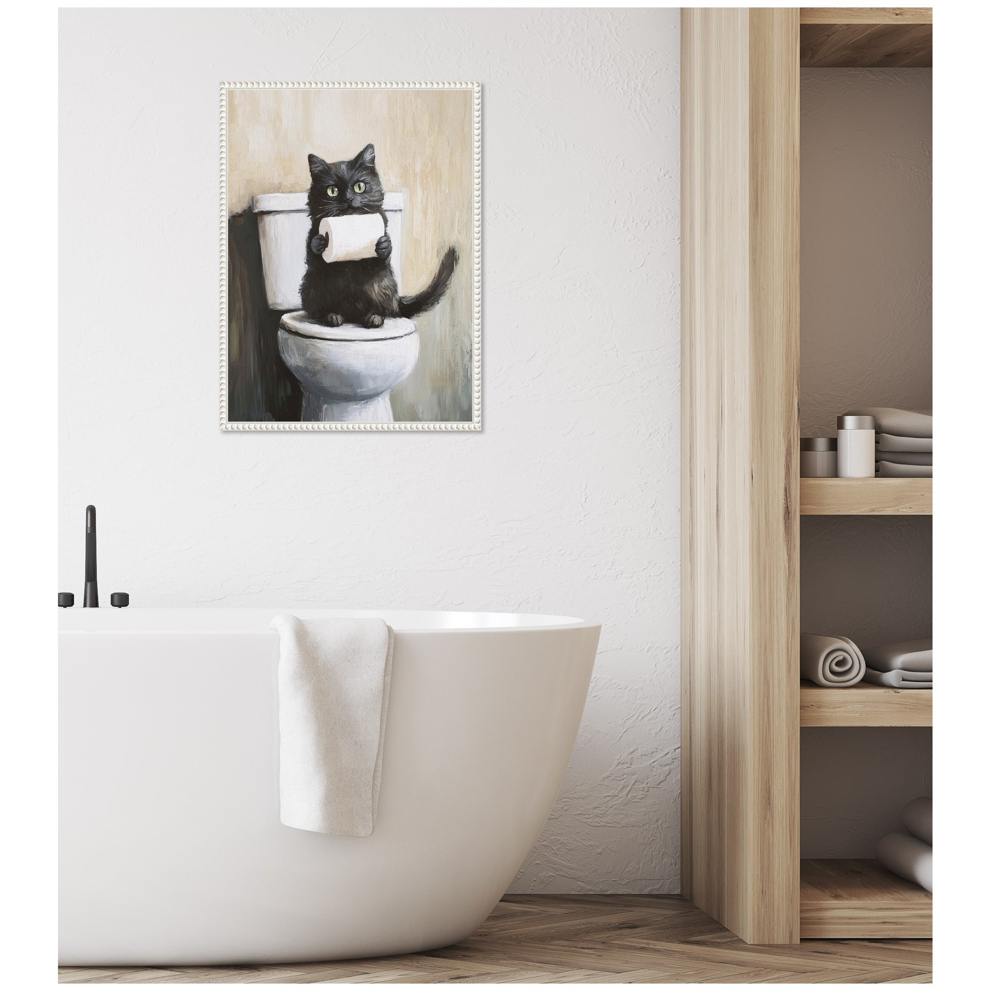 Sylvie Mischievous Black Cat Holding Toilet Paper Roll Toilet Bathroom Art Framed Canvas by The Creative Bunch Studio