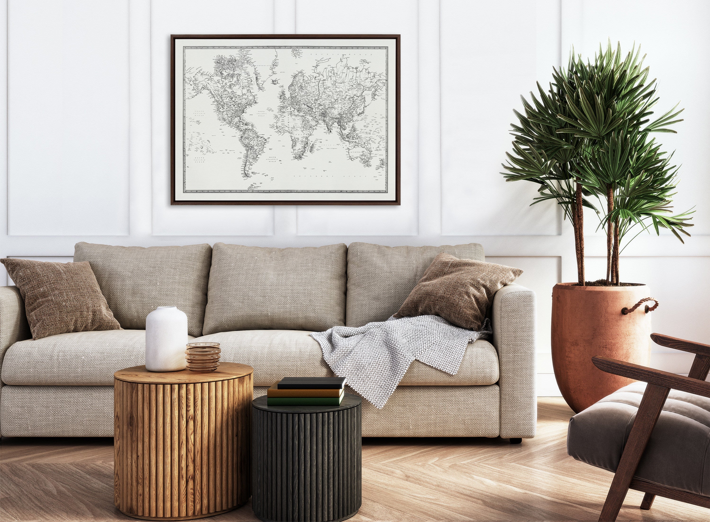 Sylvie Vintage Black and White World Map Framed Canvas by The Creative Bunch Studio