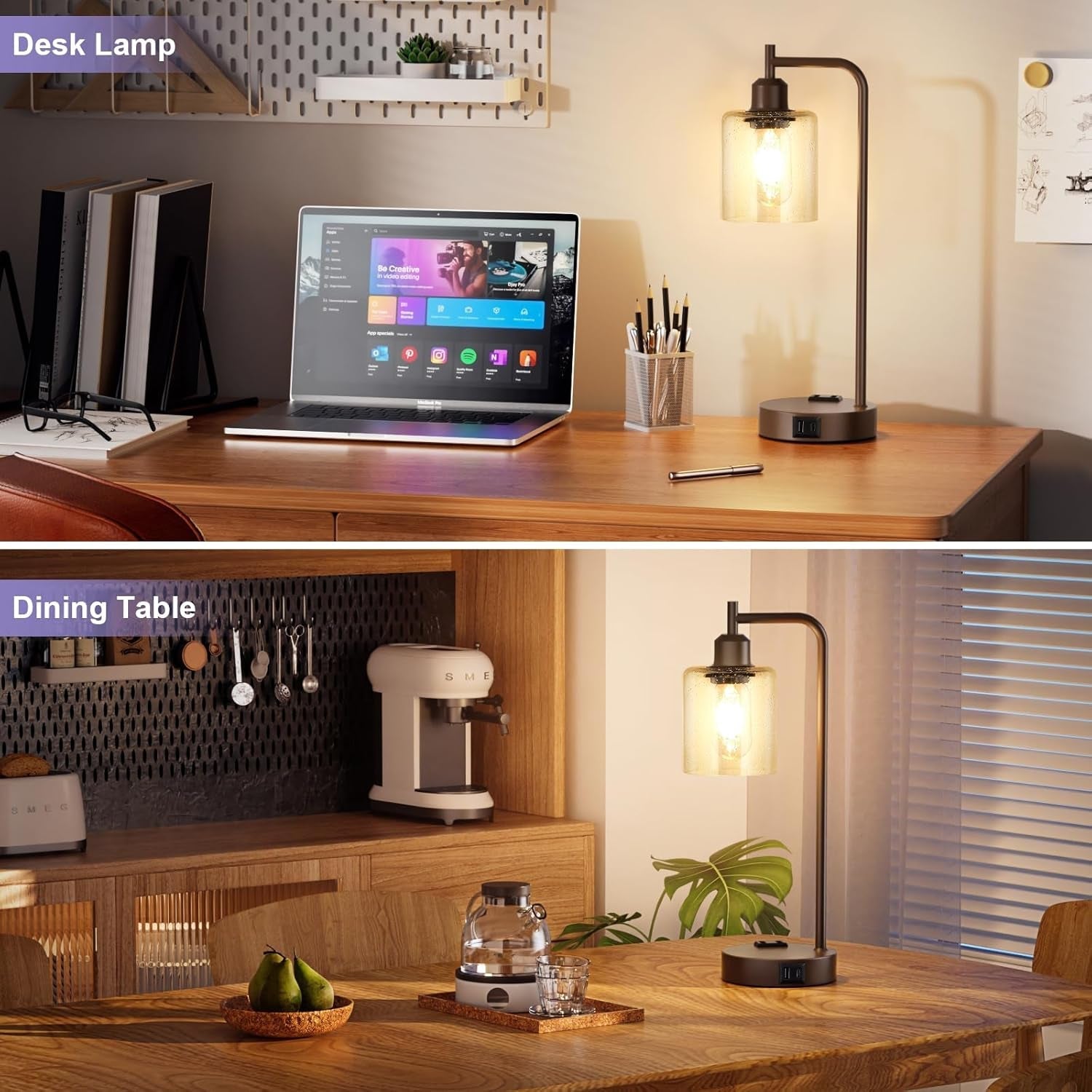 Brown Table Lamps 3-Way Dimmable With USB Ports Set Of 2