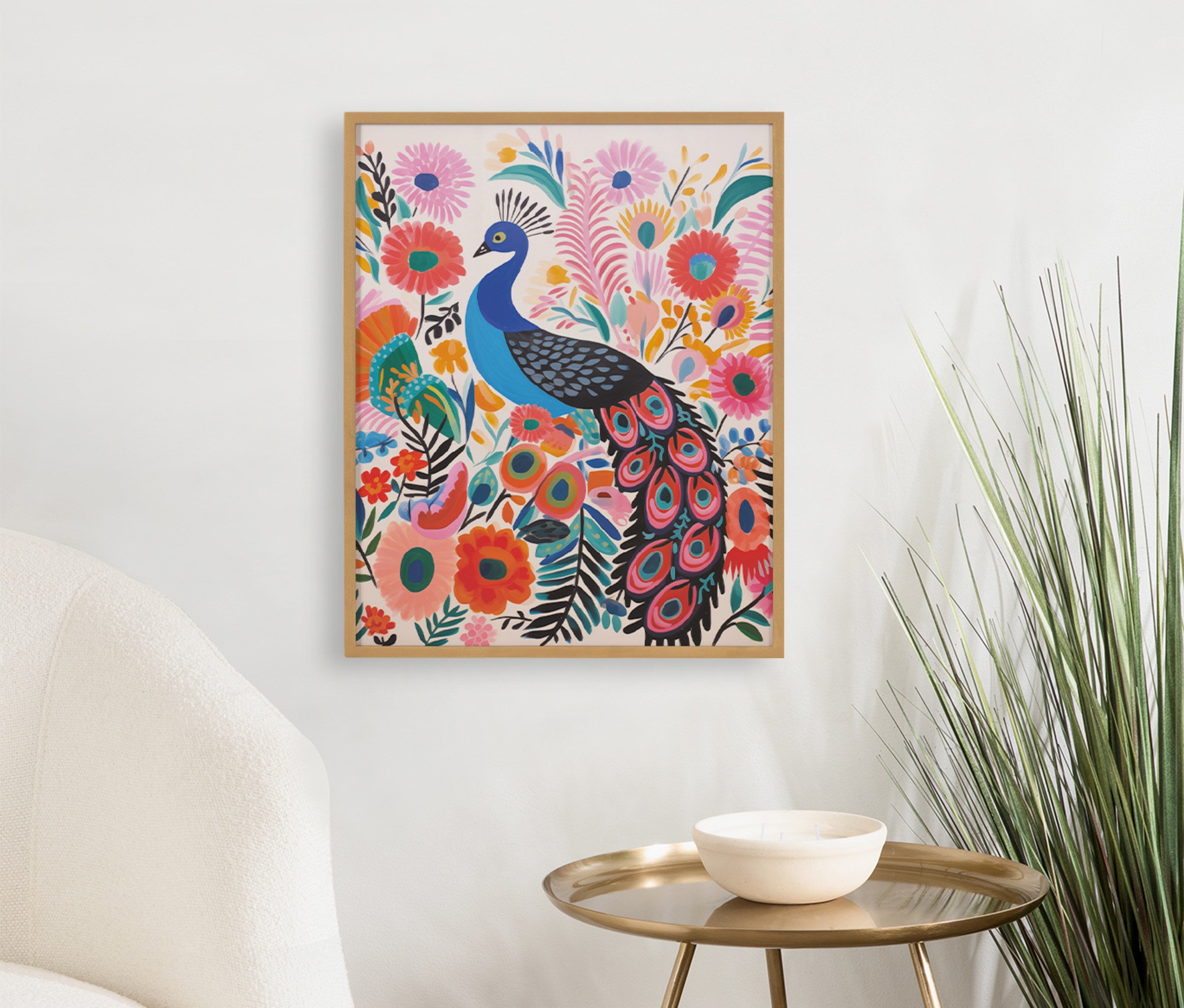 Gallery Bright Colorful Boho Peacock and Botanicals Print by The Creative Bunch Studio