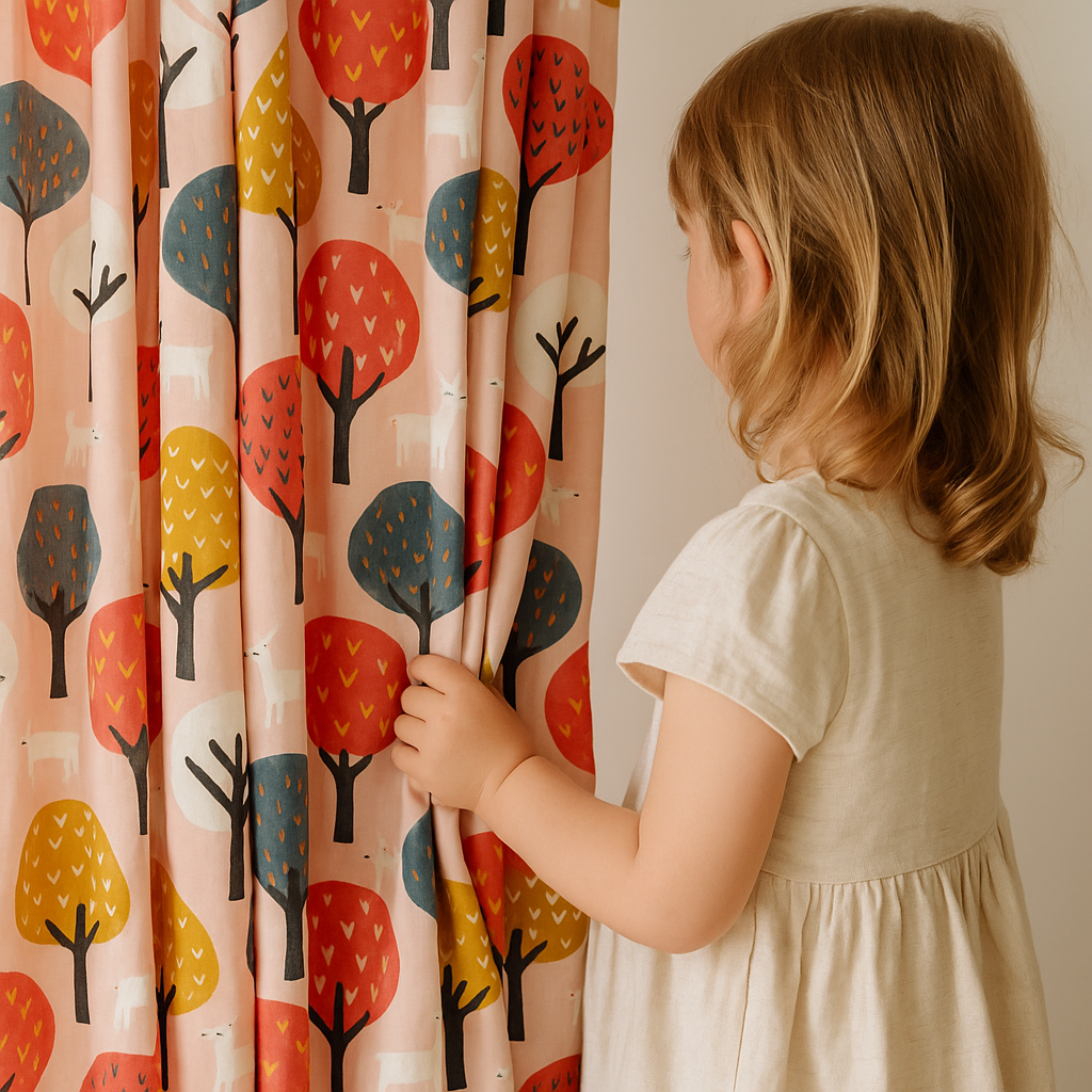 Woodland Deer Cotton Curtains – Autumn Tree & Deer Print Drapes, Light-Filtering or 100 % Blackout-0