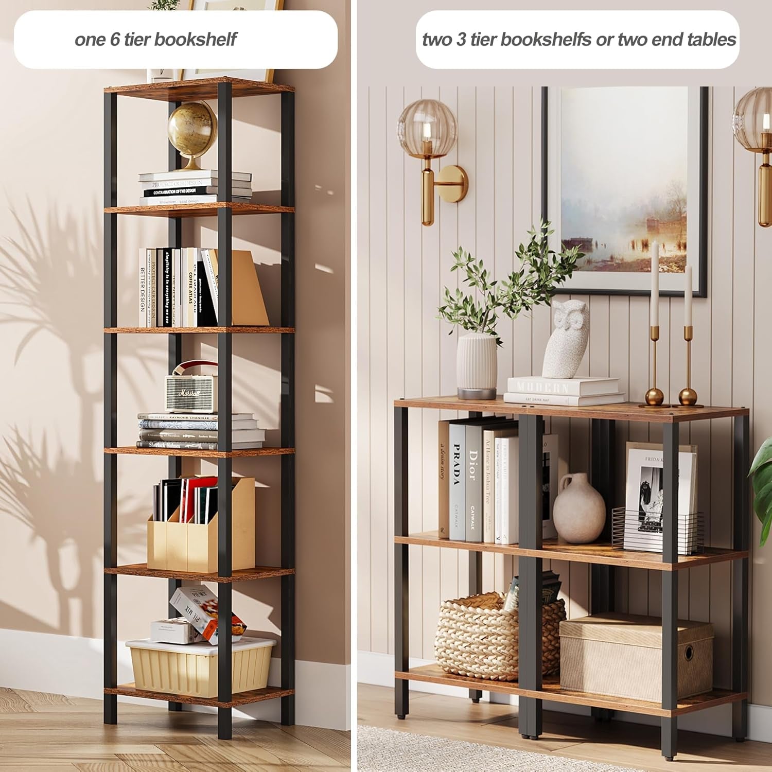 Six Tier Tall Bookshelf Narrow Rustic Brown Bookcase