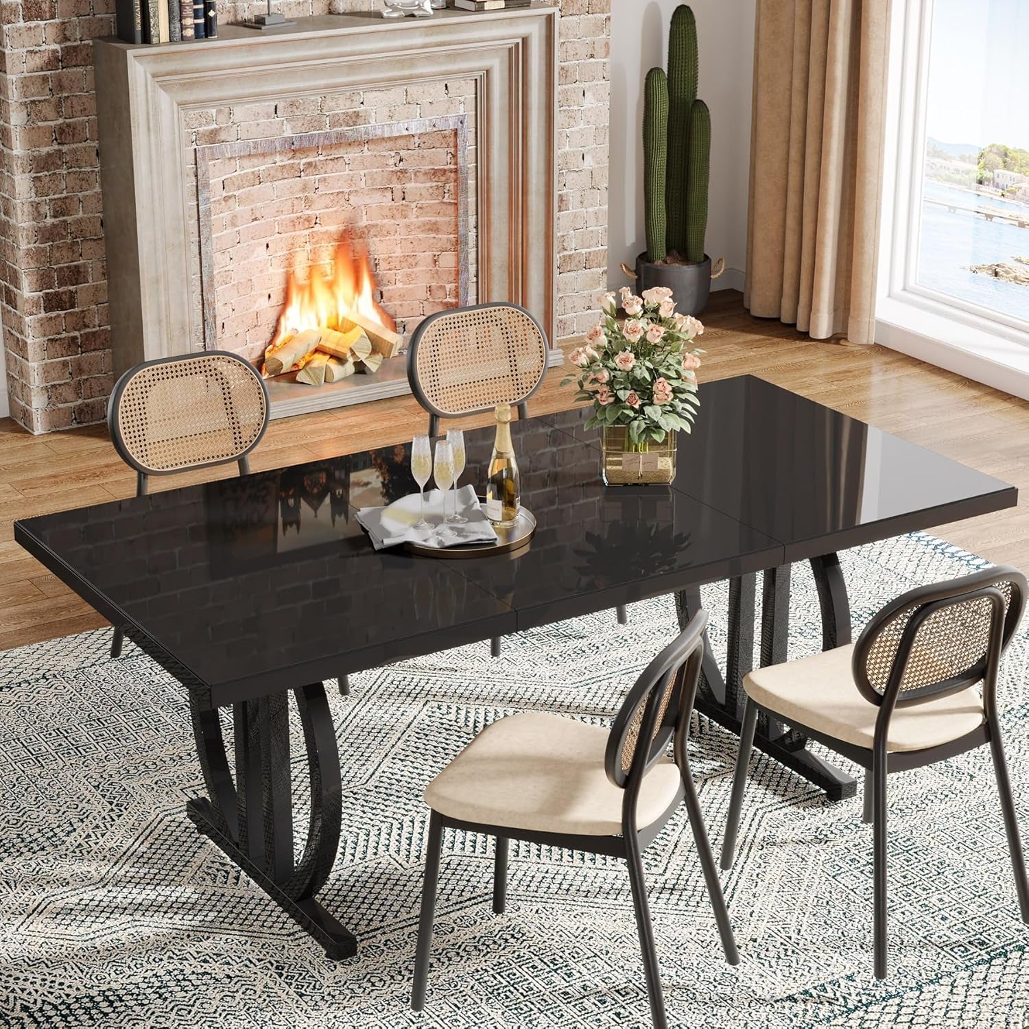 Black 63 Inch Rectangular Dining Table With Thickened Top