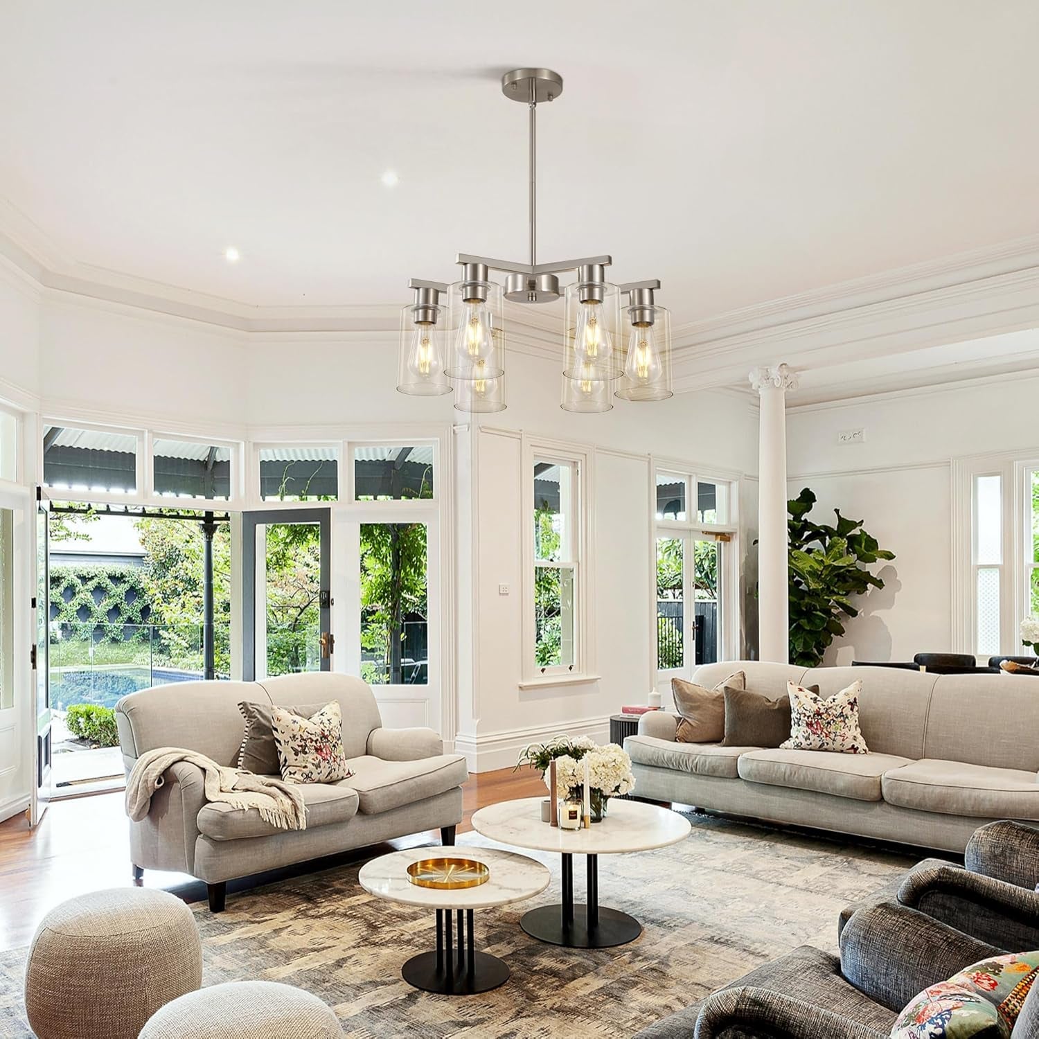 6 Light Farmhouse Brushed Nickel Pendant Chandelier-4