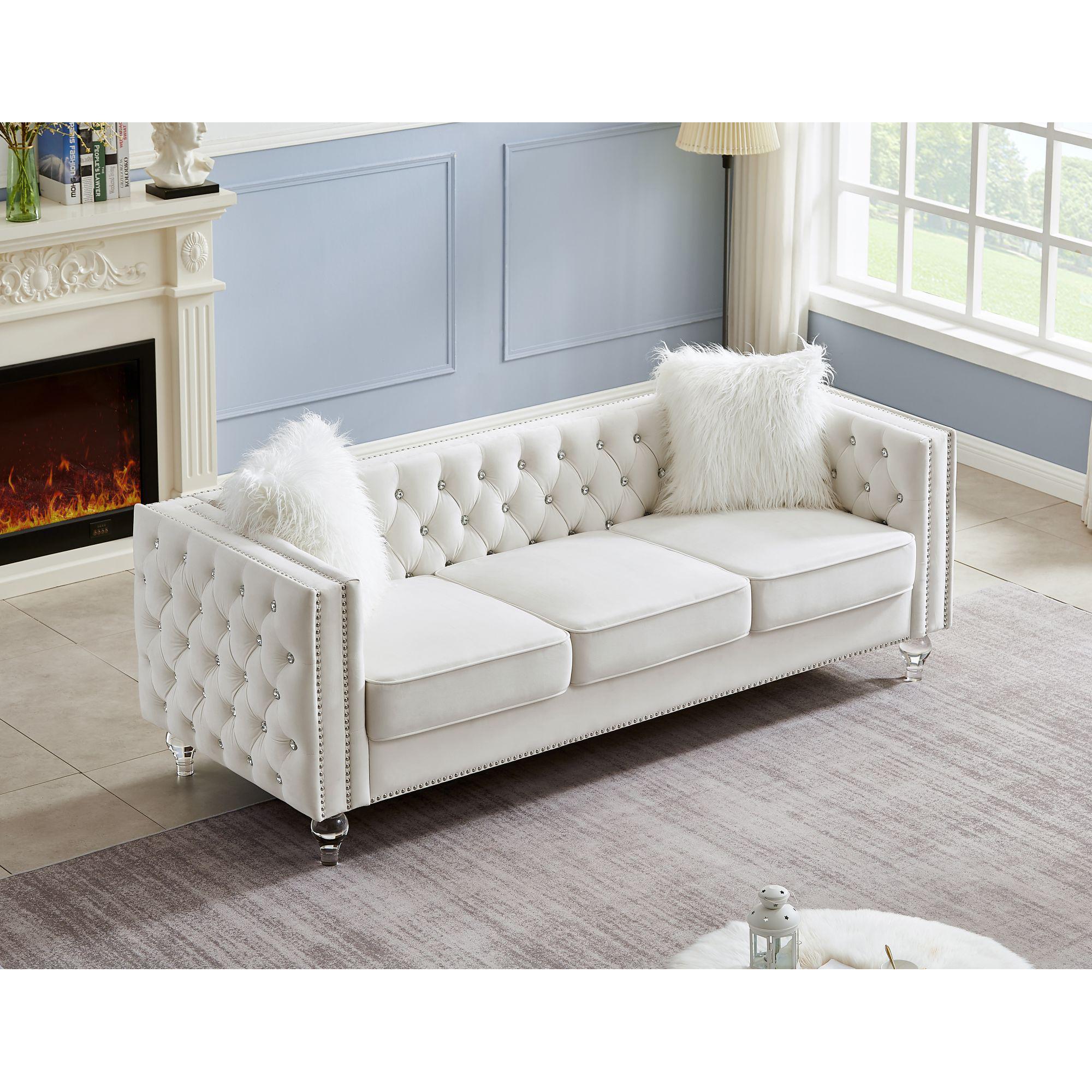 Velvet Upholstery Tufted Sofa Crystal Feet Removable Cushion - PRHOMZ