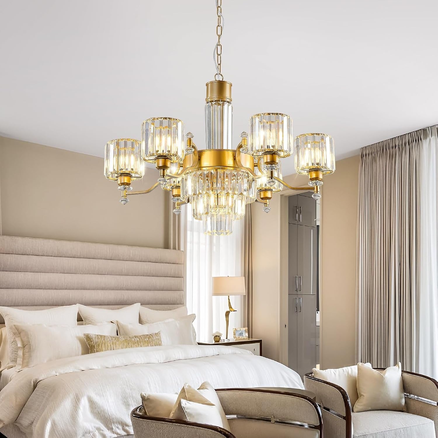 Seven Light Crystal Chandelier Gold Finish Ceiling Fixture-4