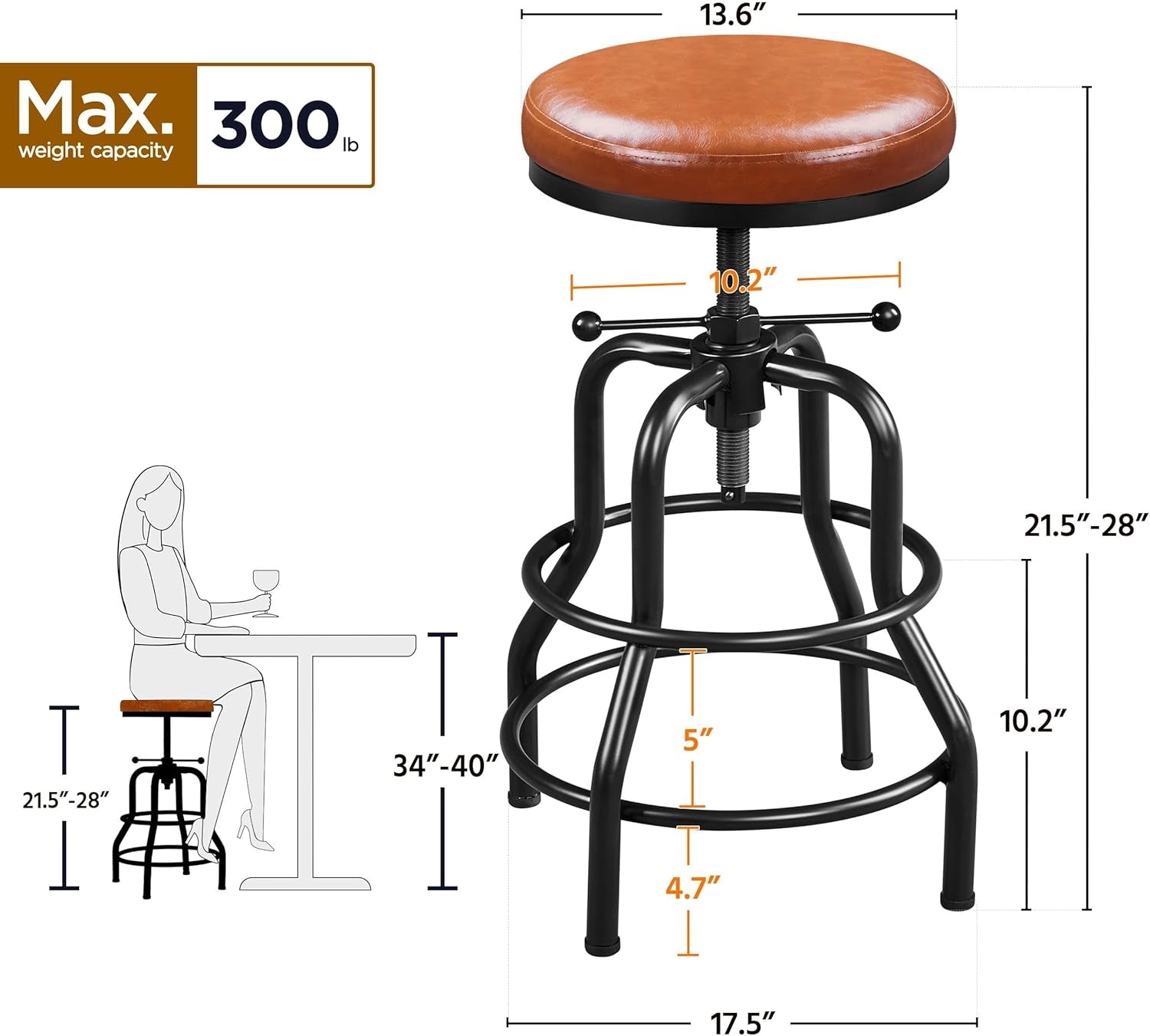 Light Brown Adjustable Metal Bar Stool 21.5-28 Inch Tall