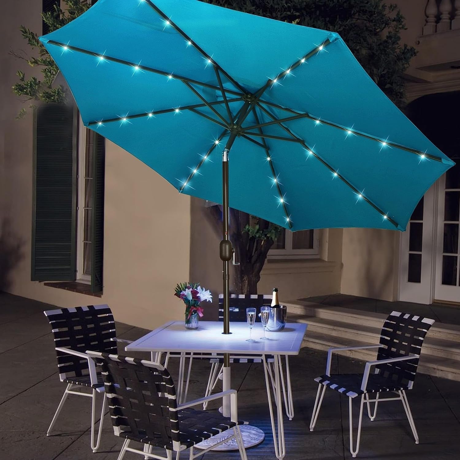 9 Ft Solar LED Patio Umbrella With Tilt And Crank Cerulean