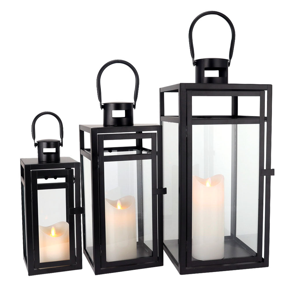 19''&15''&12'' H Stainless Steel Metal Candle Lantern Candle Holder with Temper Glass Panels(Set of 3 )-1