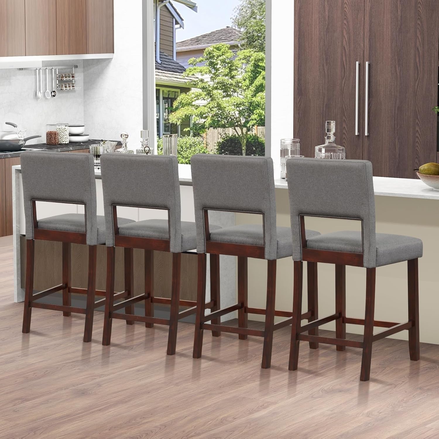 24.5 Inch Counter Height Bar Stools Set Of 2 Grey Upholstered Backrest With Rubber Wood Legs
