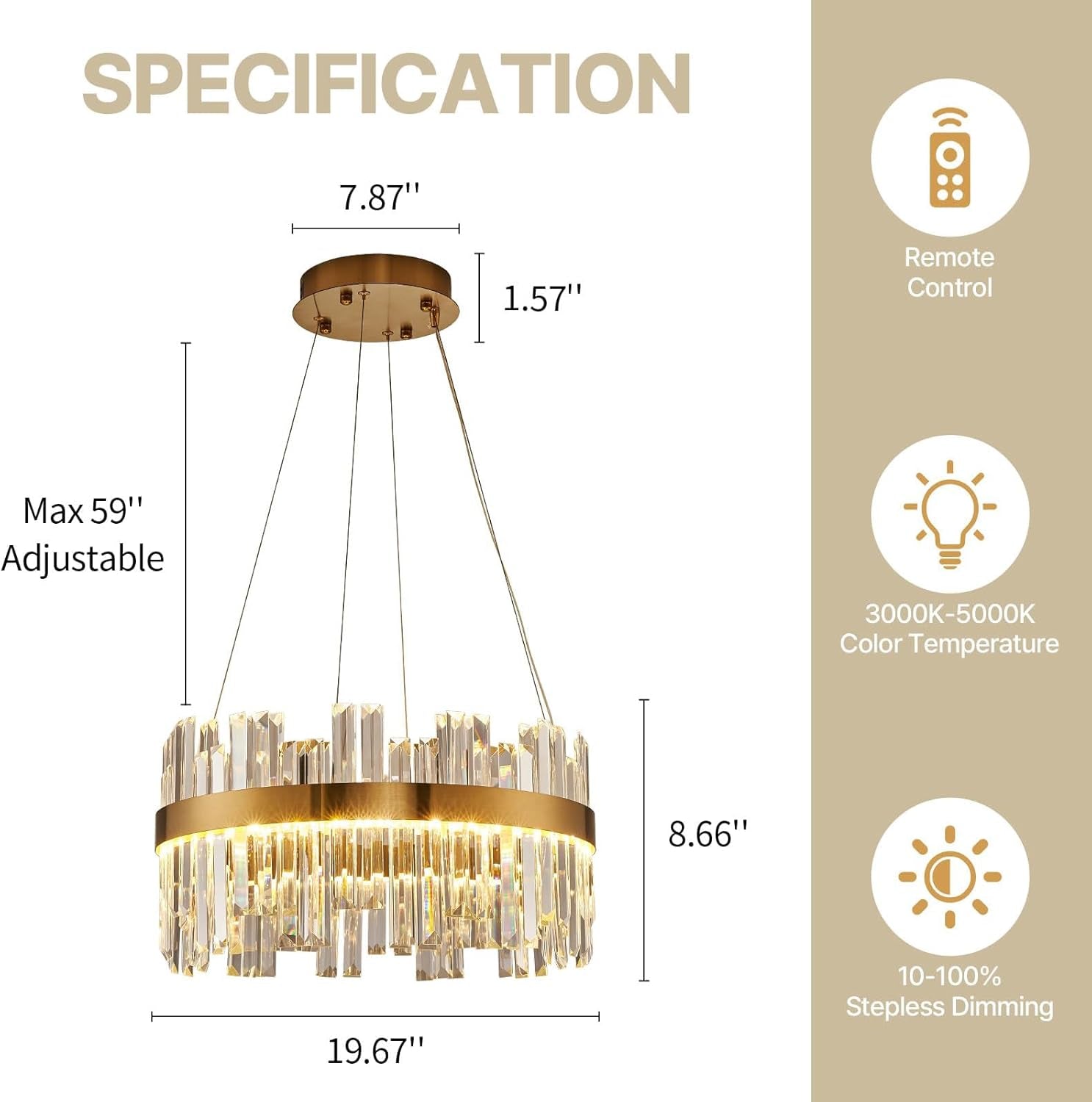 19.7 Inches Dimmable Crystal Pendant Chandelier Gold-2